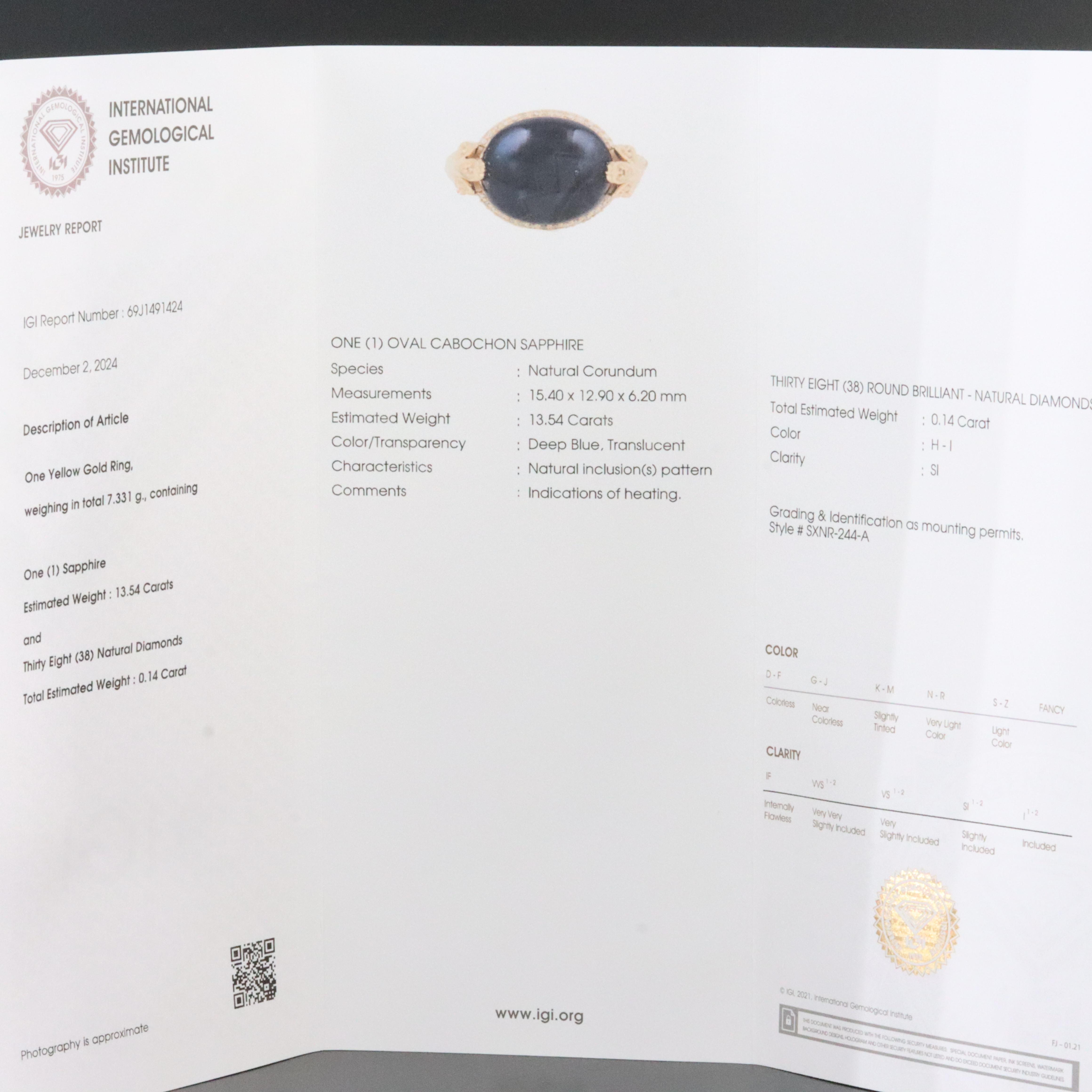 14K 13.54 CT Sapphire and Diamond Ring with IGI Jewelry Report