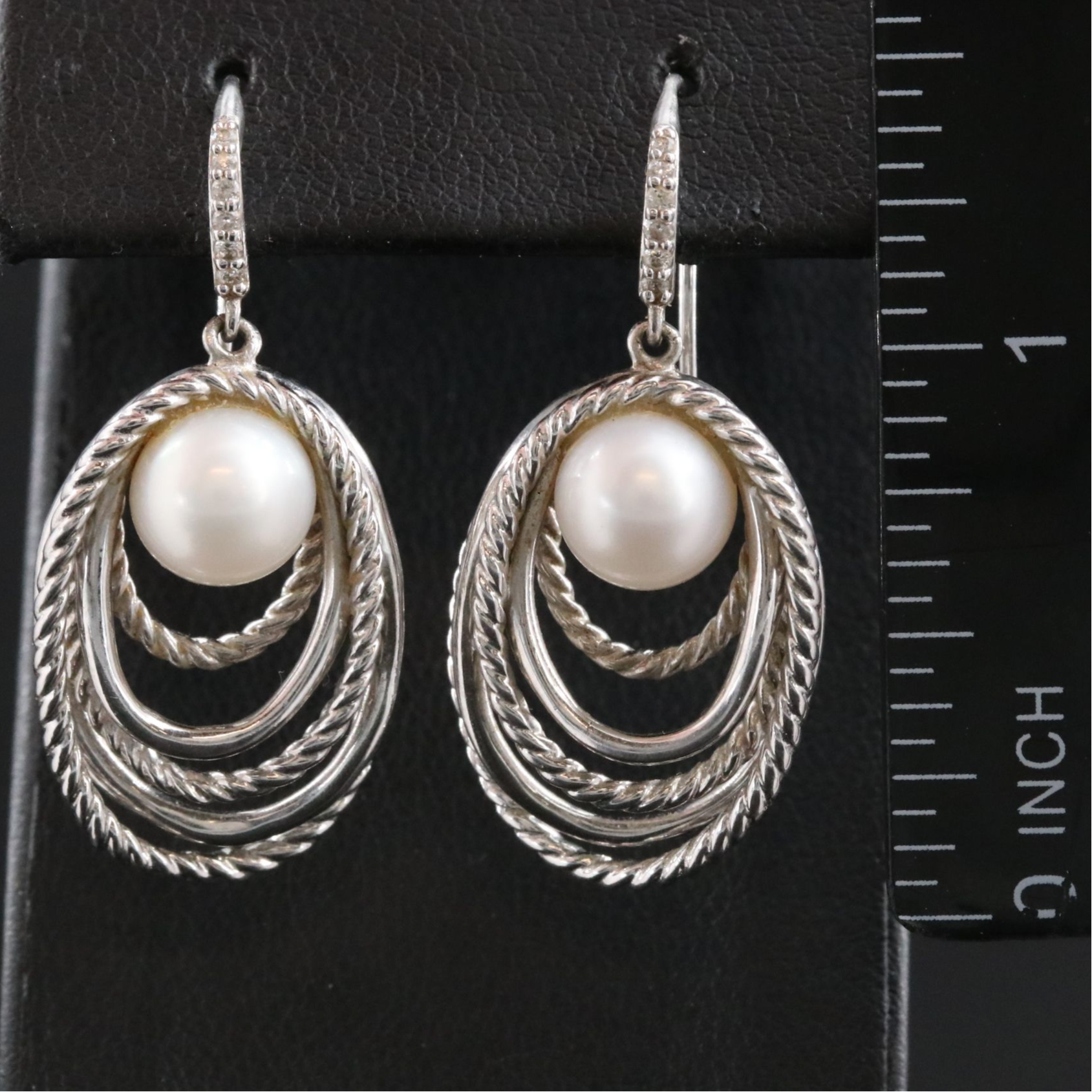 David Yurman Sterling Oval Cable Pearl and Diamond Drop Earrings