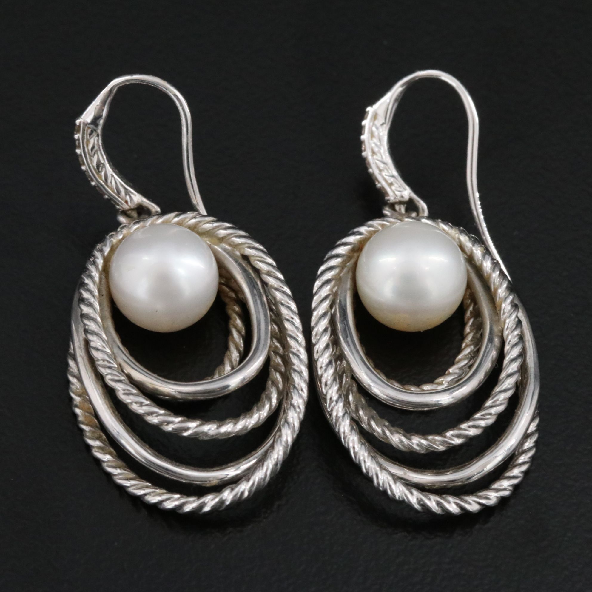 David Yurman Sterling Oval Cable Pearl and Diamond Drop Earrings