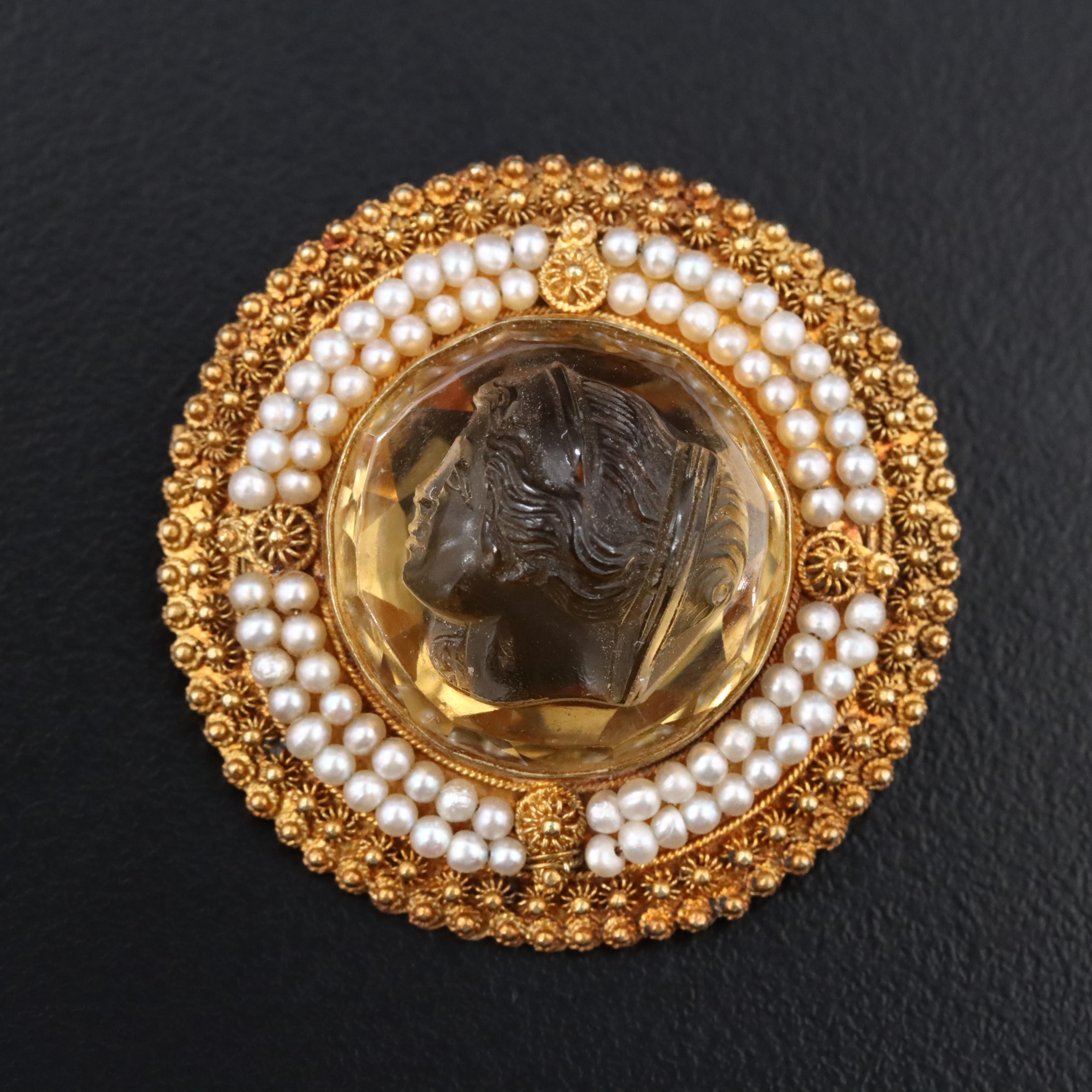 Vintage 14K Citrine and Seed Pearl High Relief Cameo Brooch