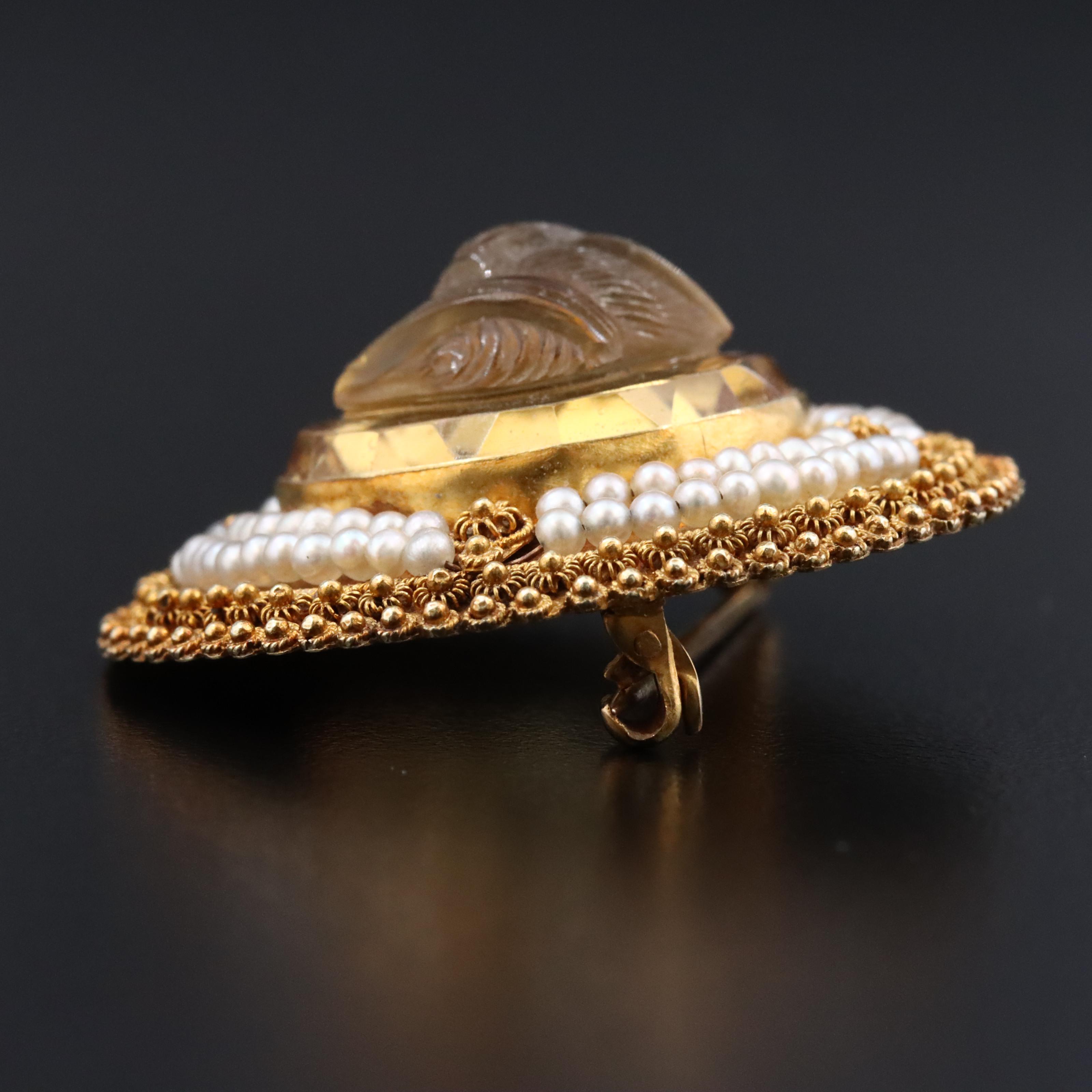 Vintage 14K Citrine and Seed Pearl High Relief Cameo Brooch