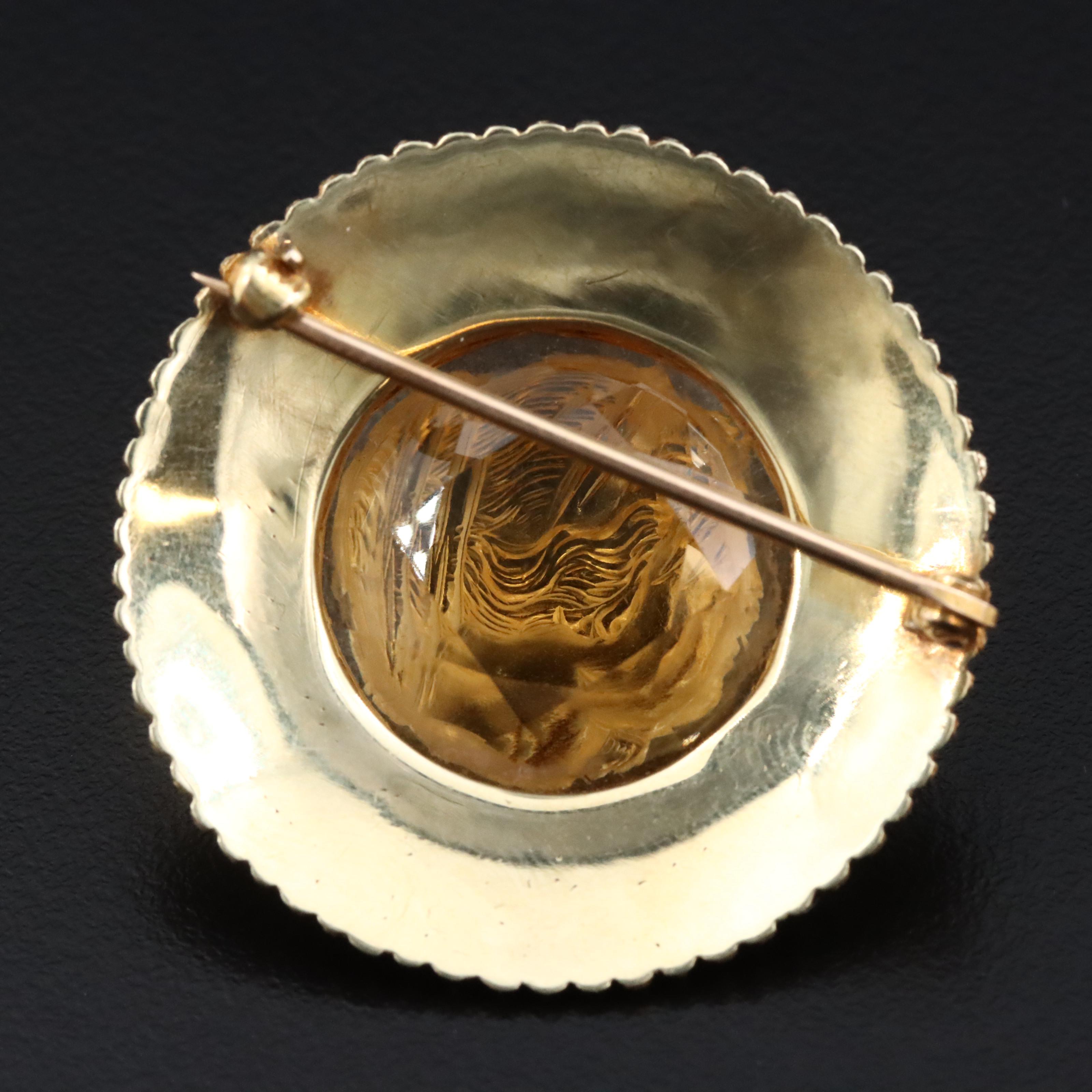 Vintage 14K Citrine and Seed Pearl High Relief Cameo Brooch