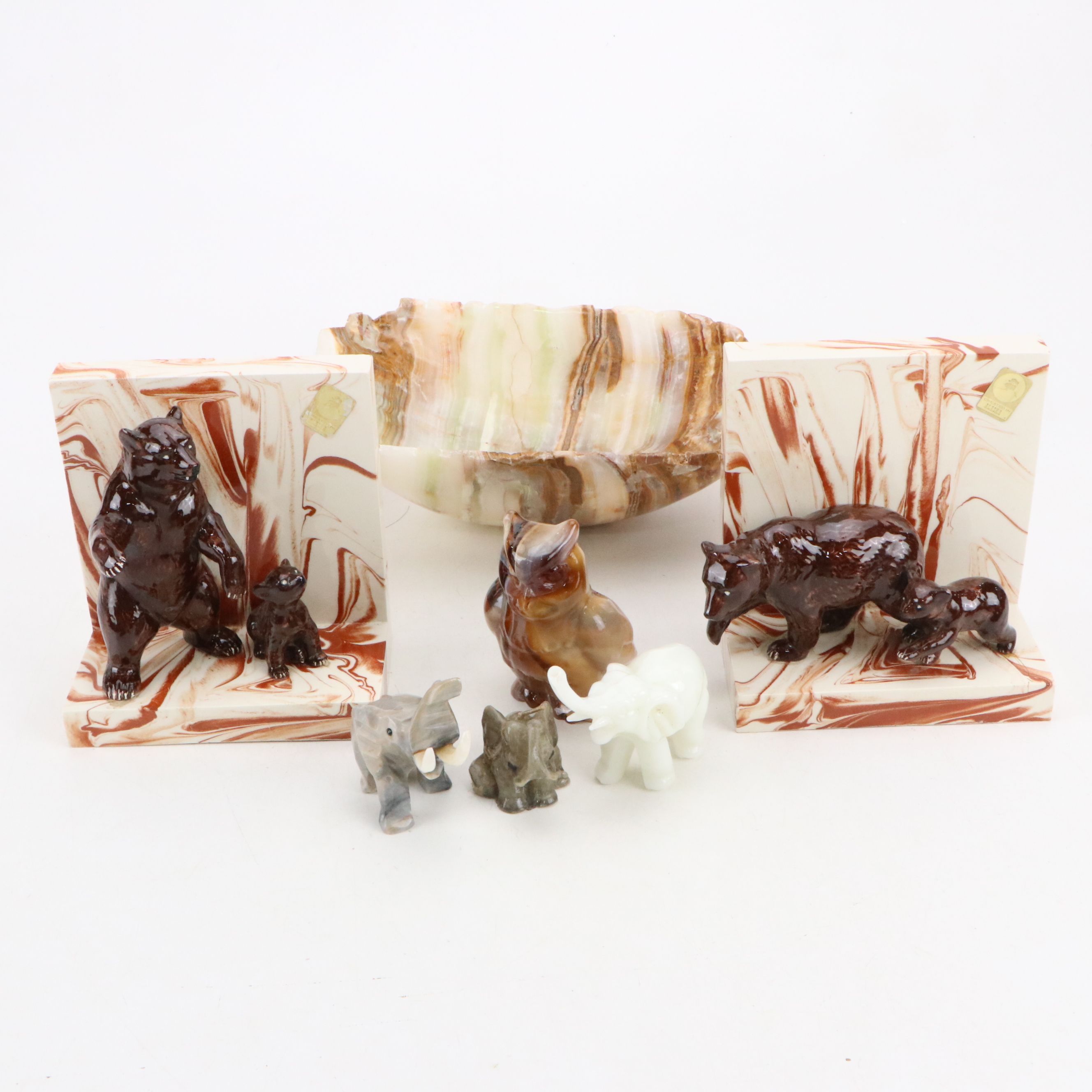 Banded Calcite Bowl with Alaskan Clay Bear Bookends & Other Slag Glass Figurines