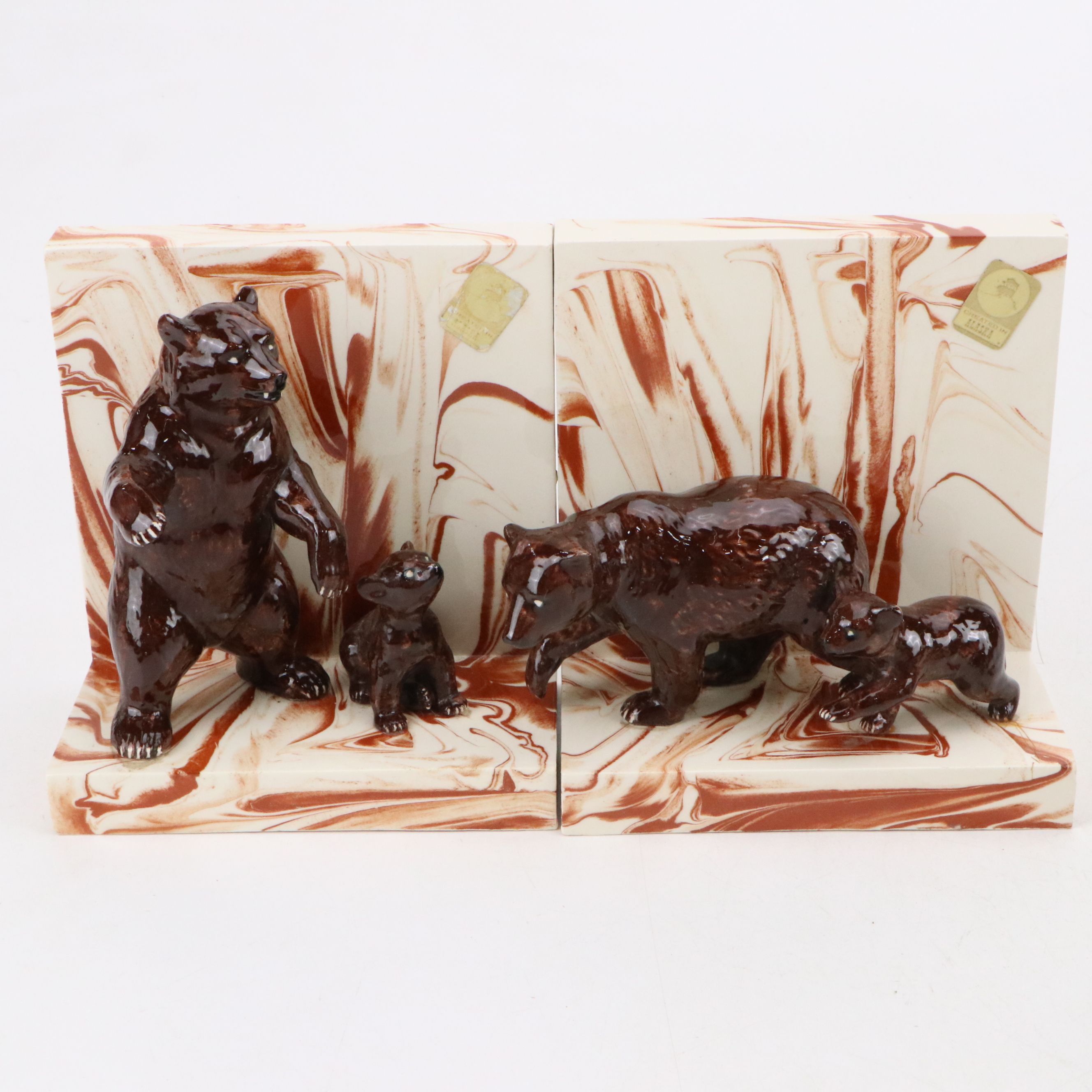 Banded Calcite Bowl with Alaskan Clay Bear Bookends & Other Slag Glass Figurines