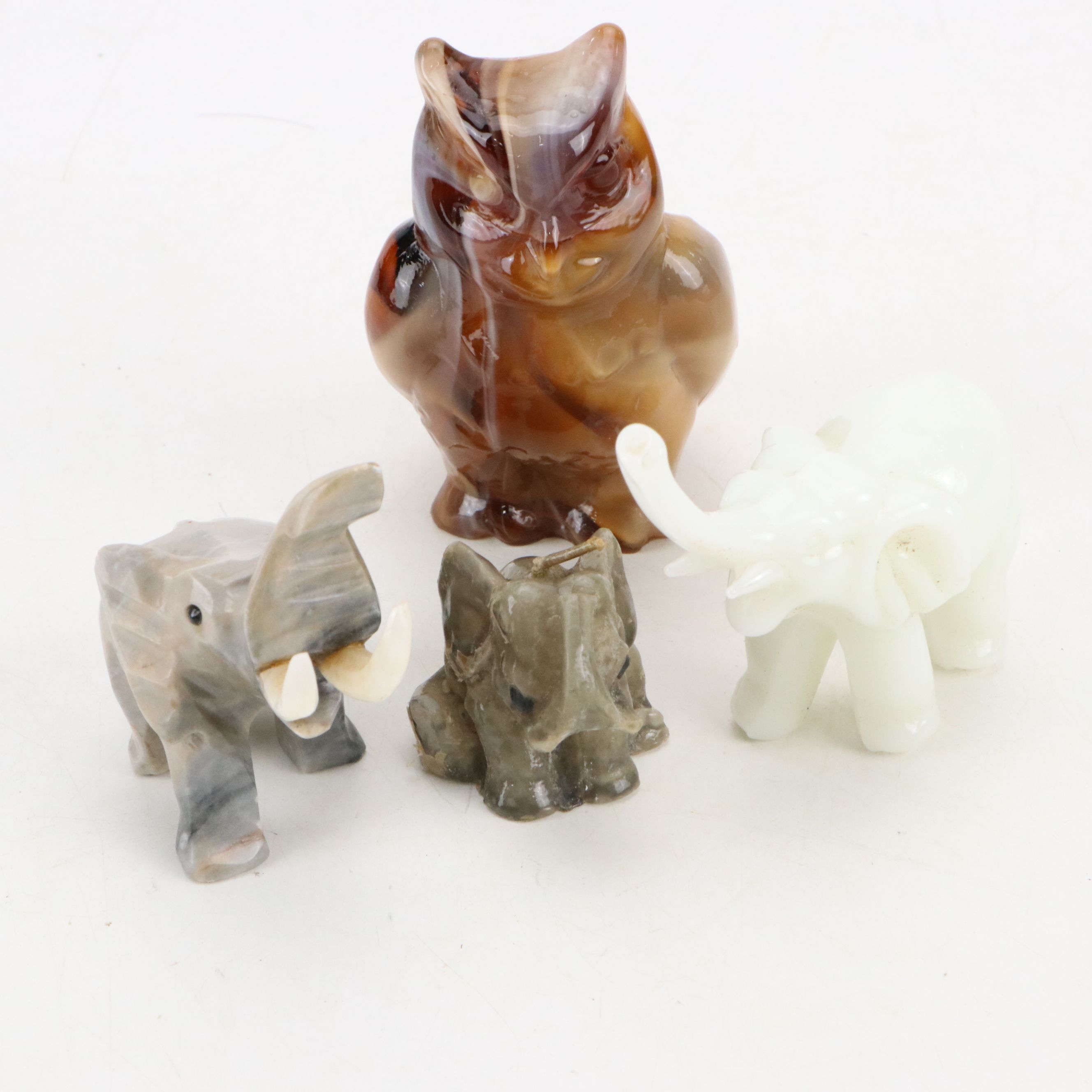 Banded Calcite Bowl with Alaskan Clay Bear Bookends & Other Slag Glass Figurines