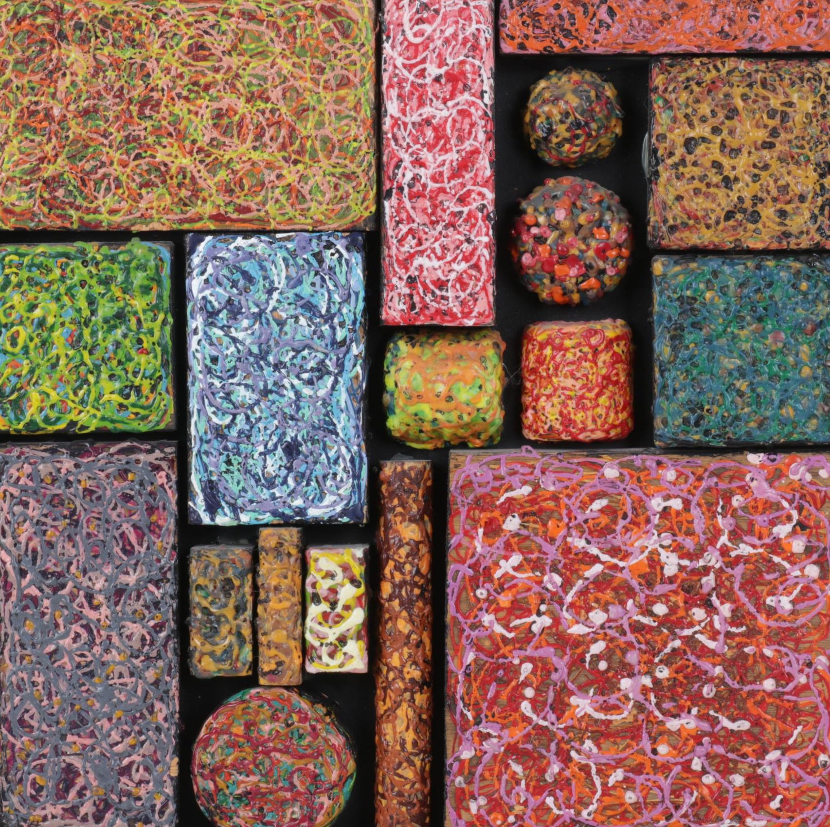 Abstract Geometric Wood Blocks with Textured Acrylic Paint, Early 21st Century