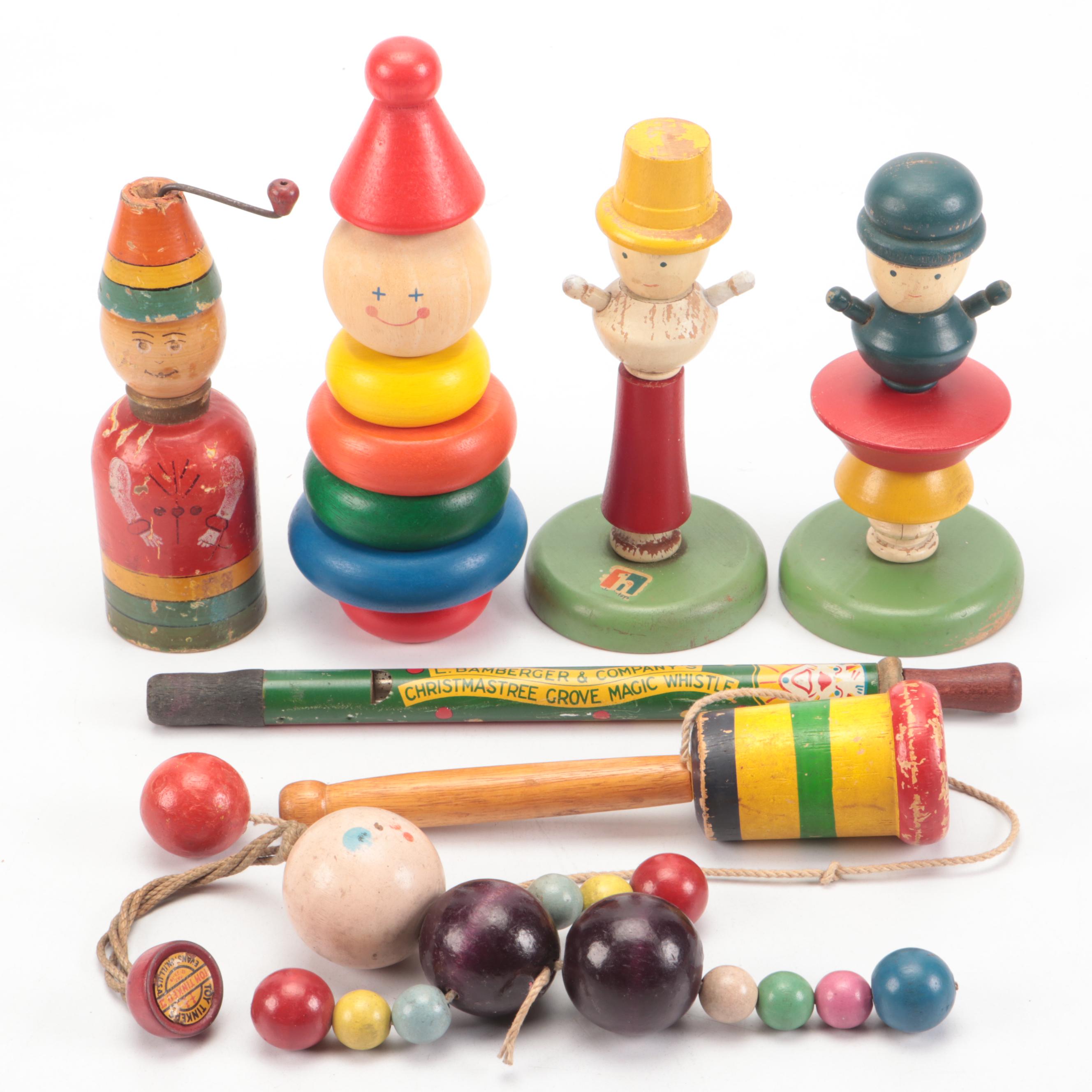 Wooden Anthropomorphic Stacking Blocks and Other Toys, Mid-20th Century