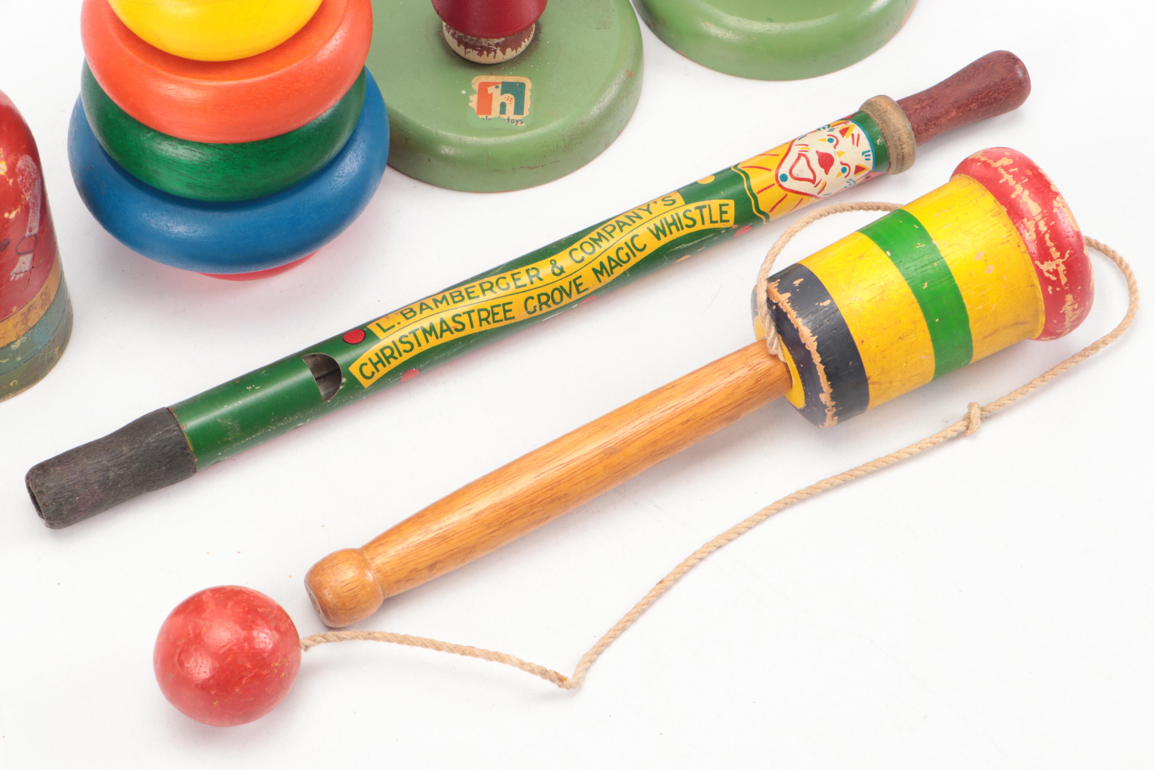 Wooden Anthropomorphic Stacking Blocks and Other Toys, Mid-20th Century