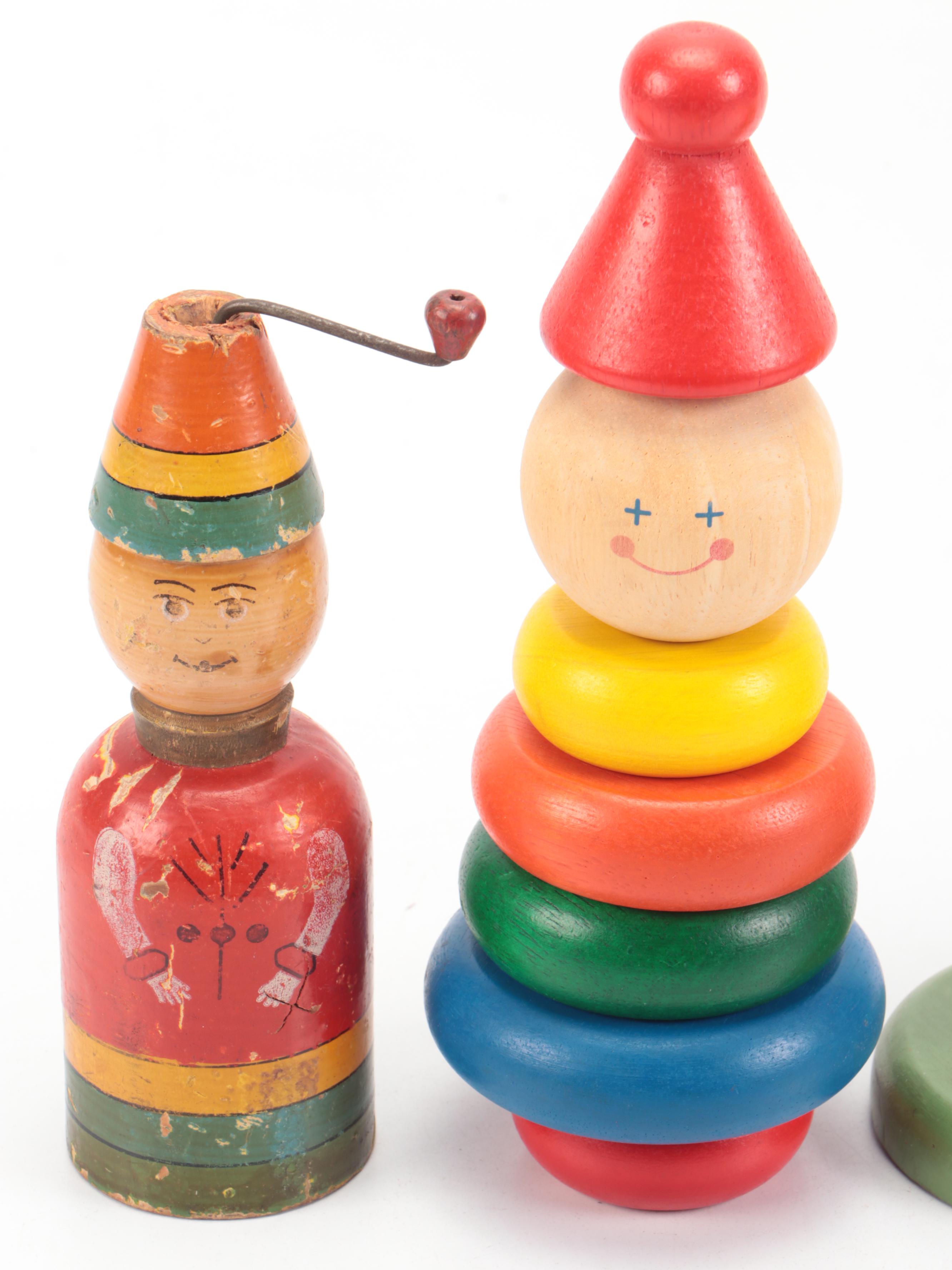 Wooden Anthropomorphic Stacking Blocks and Other Toys, Mid-20th Century