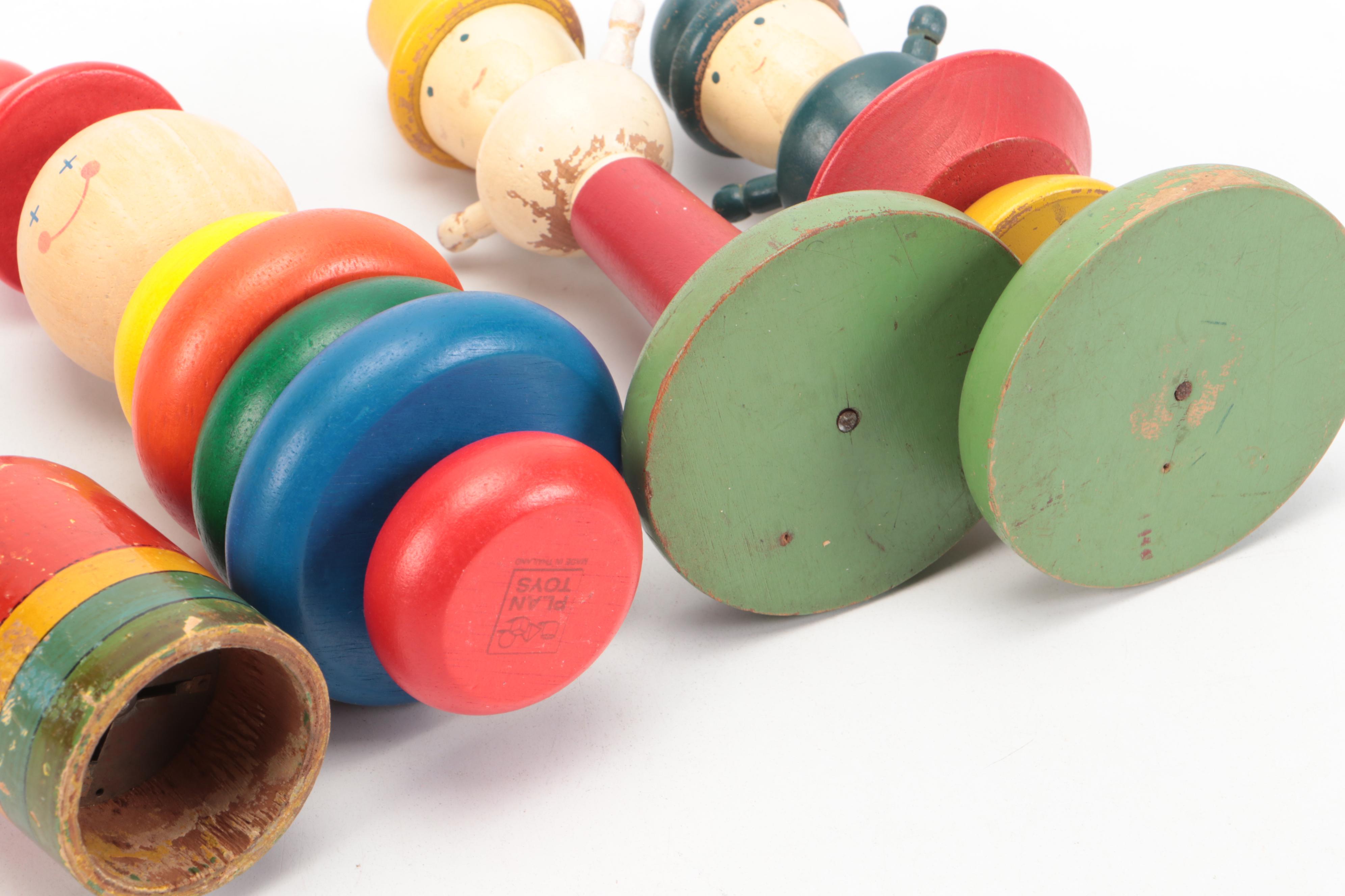 Wooden Anthropomorphic Stacking Blocks and Other Toys, Mid-20th Century