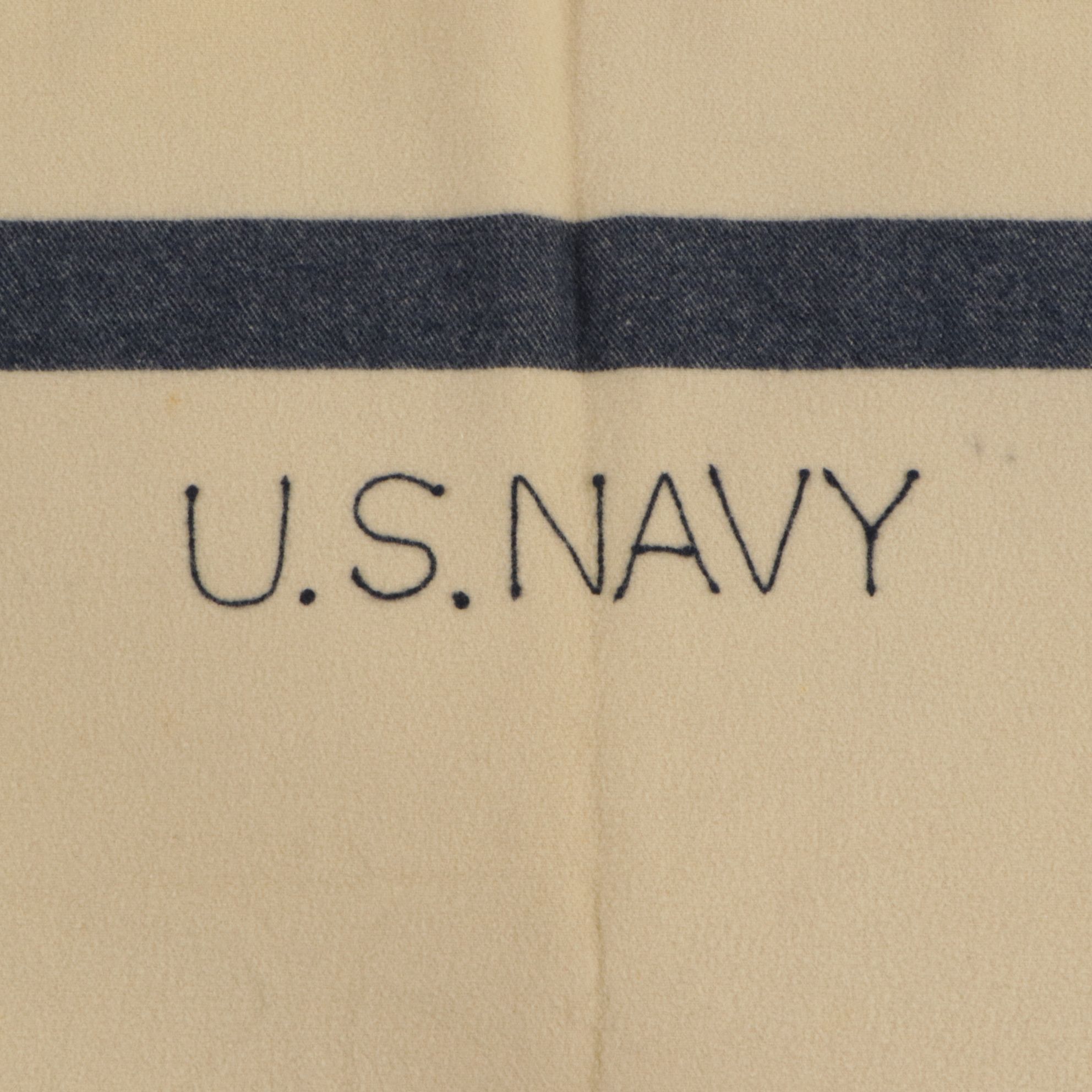 World War II Era U.S. Navy Cream and Striped Wool Blanket, Mid-20th C.