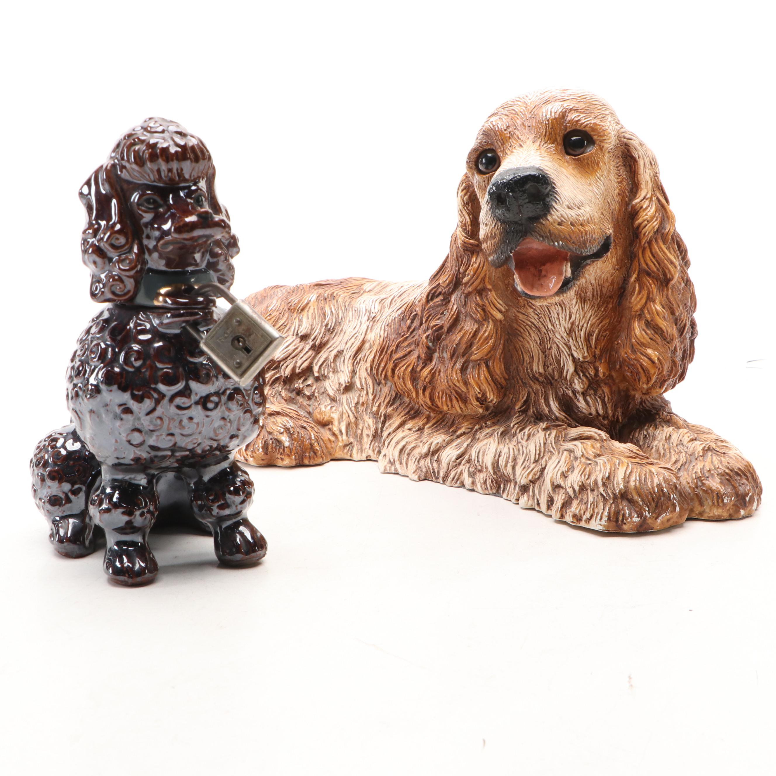 Napco Ceramic Poodle Piggy Bank with Homco Cocker Spaniel Figurine, 20th C.