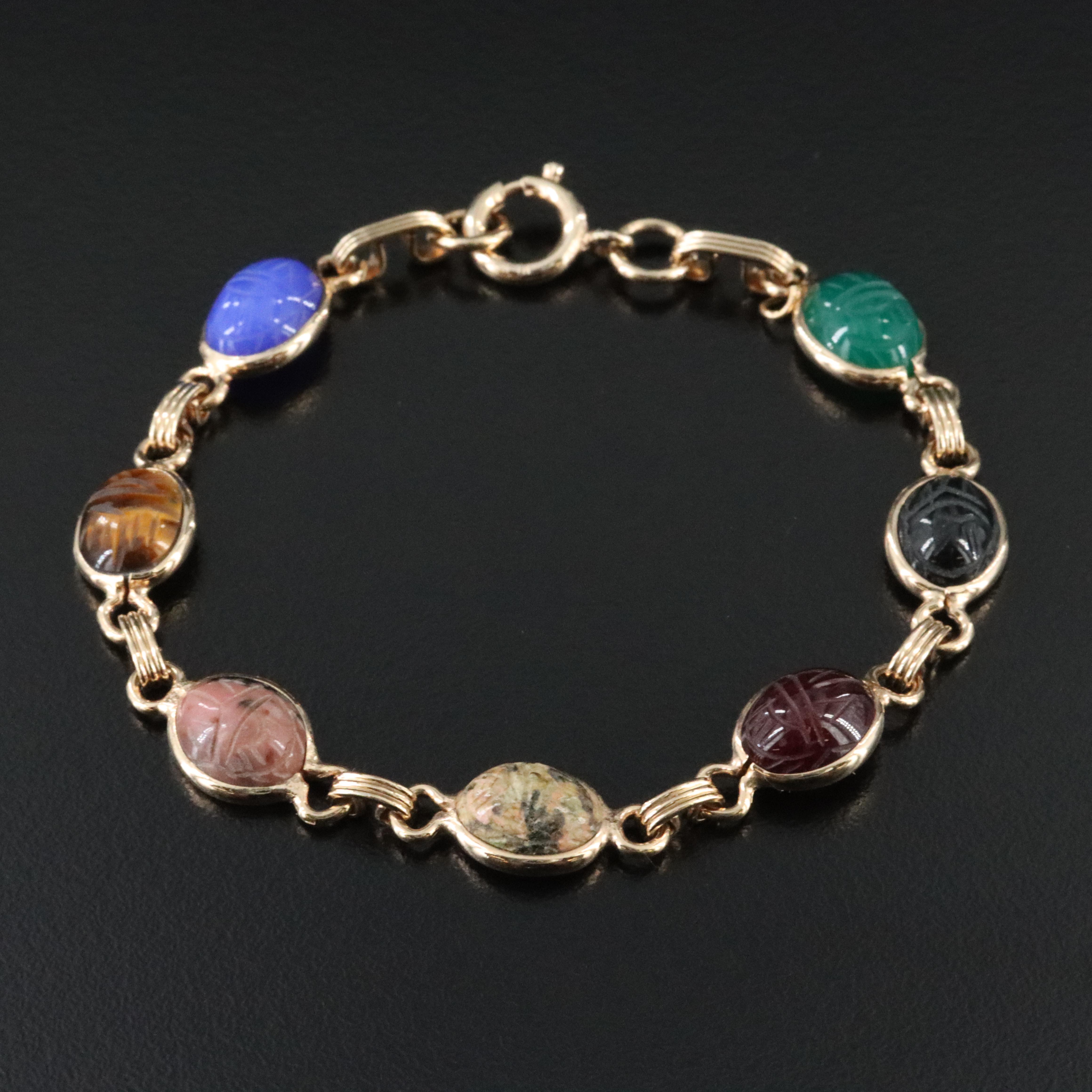 Gold-Filled Chalcedony, Rhodonite and Garnet Scarab Bracelet