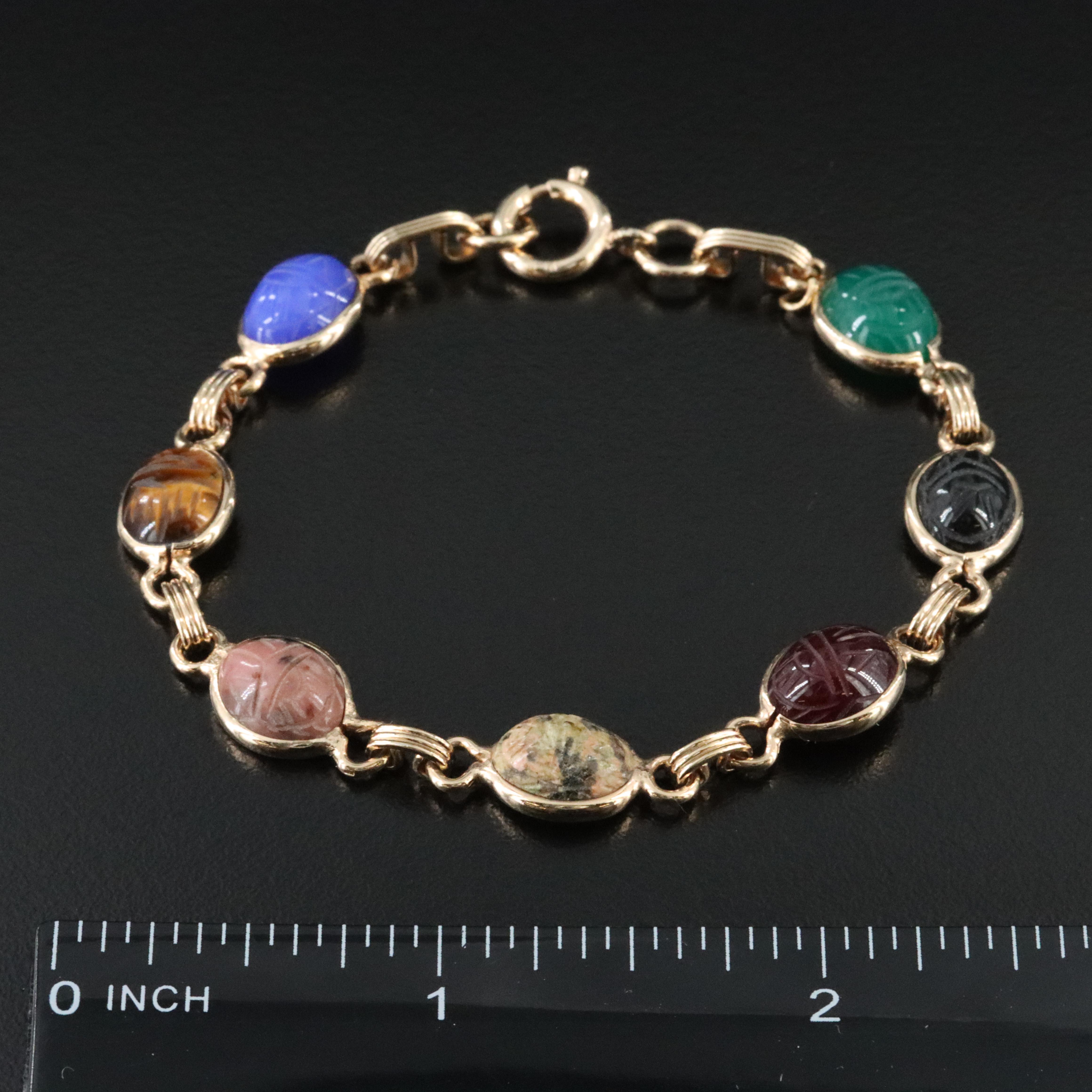 Gold-Filled Chalcedony, Rhodonite and Garnet Scarab Bracelet