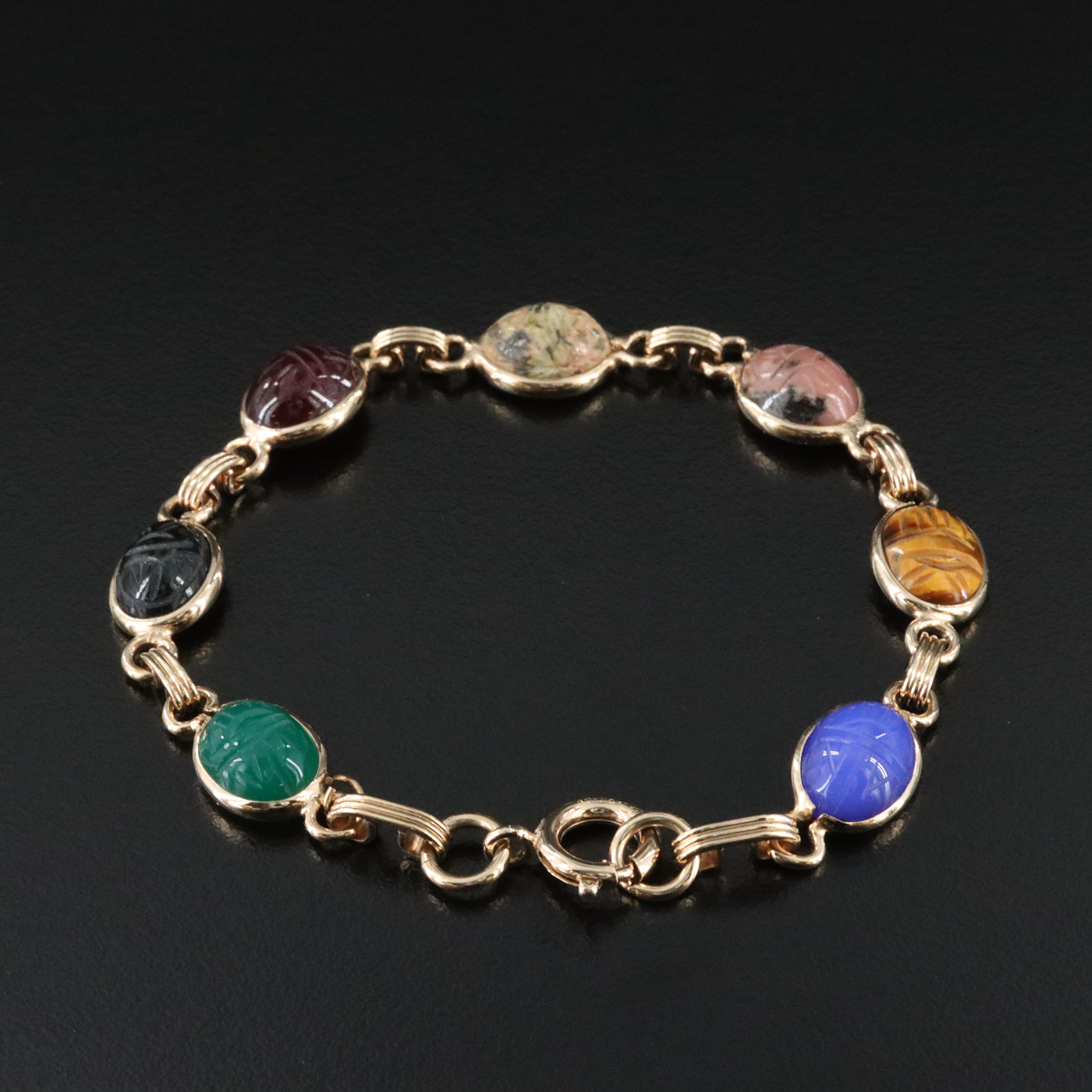 Gold-Filled Chalcedony, Rhodonite and Garnet Scarab Bracelet