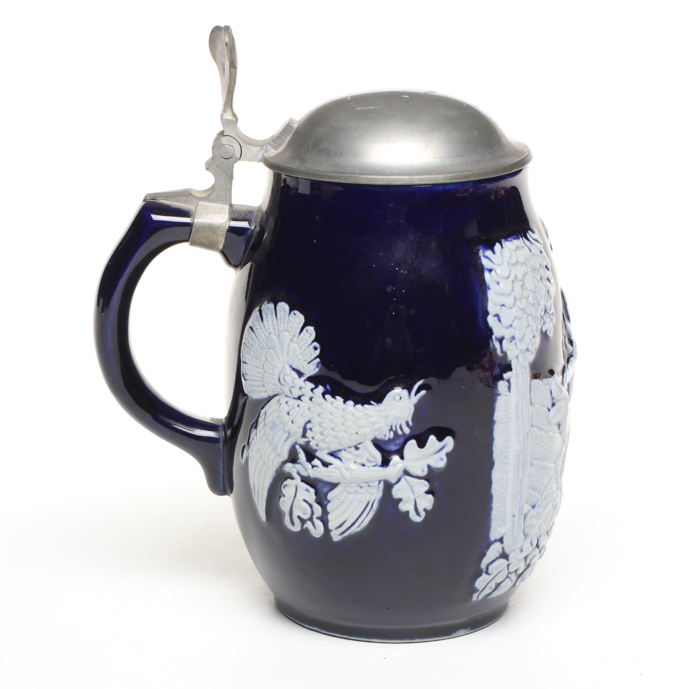 Wick Werke AG Cobalt Blue Stoneware Stein with Pewter Lid, Early 20th Century