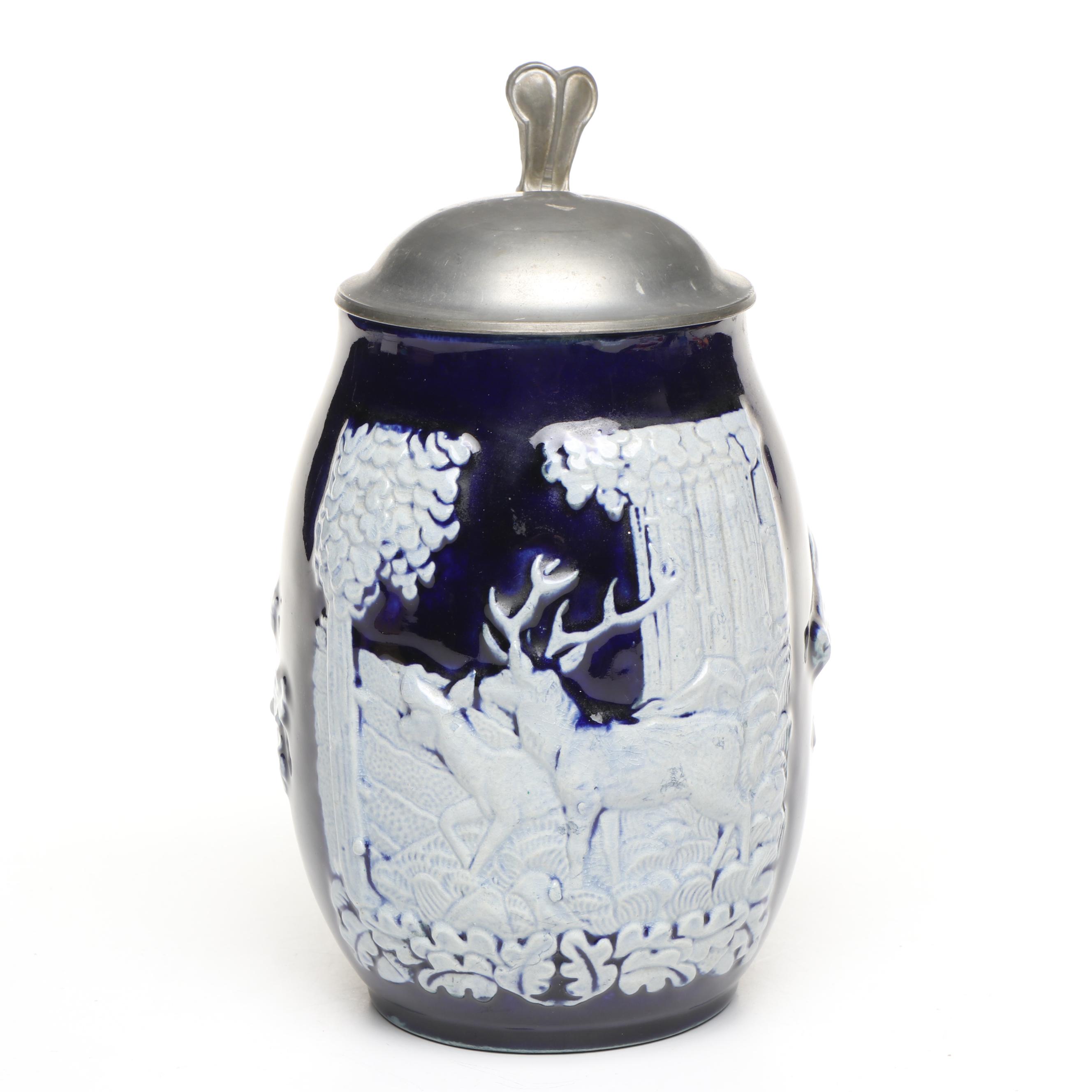 Wick Werke AG Cobalt Blue Stoneware Stein with Pewter Lid, Early 20th Century