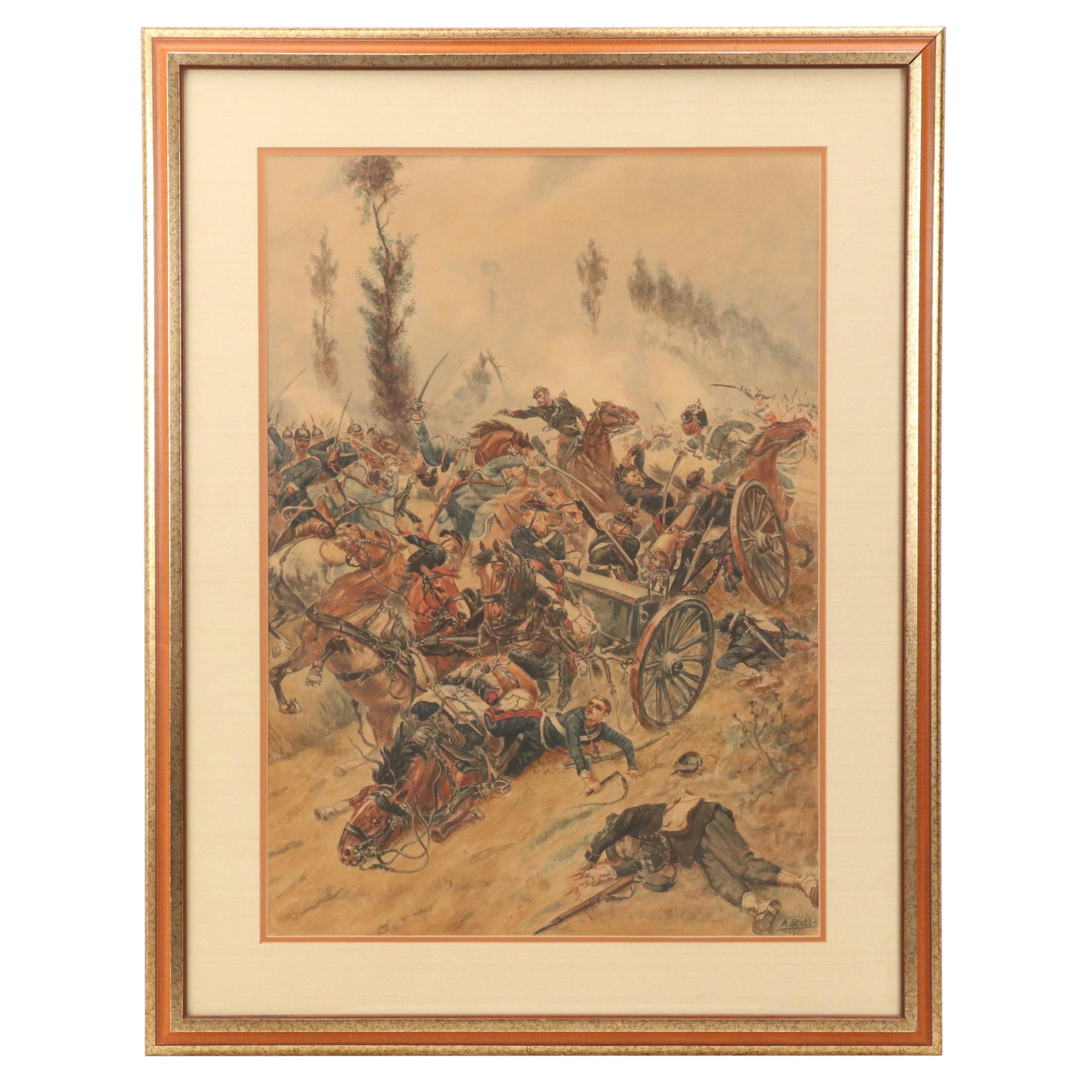 Watercolor Painting After Alphonse de Neuville Depicting Franco-Prussian Battle