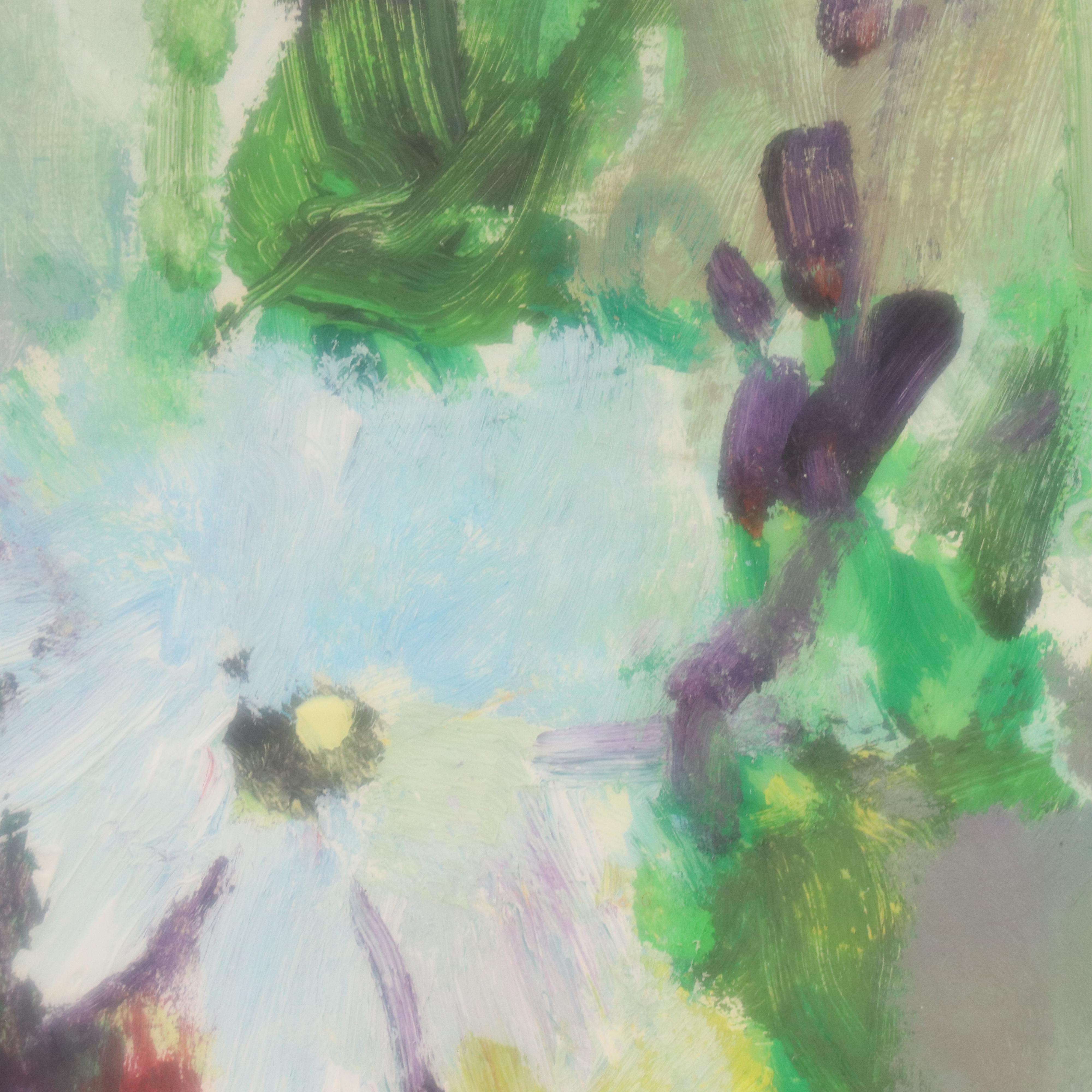 Still Life Oil Painting with Potted Flowers, Late 20th Century