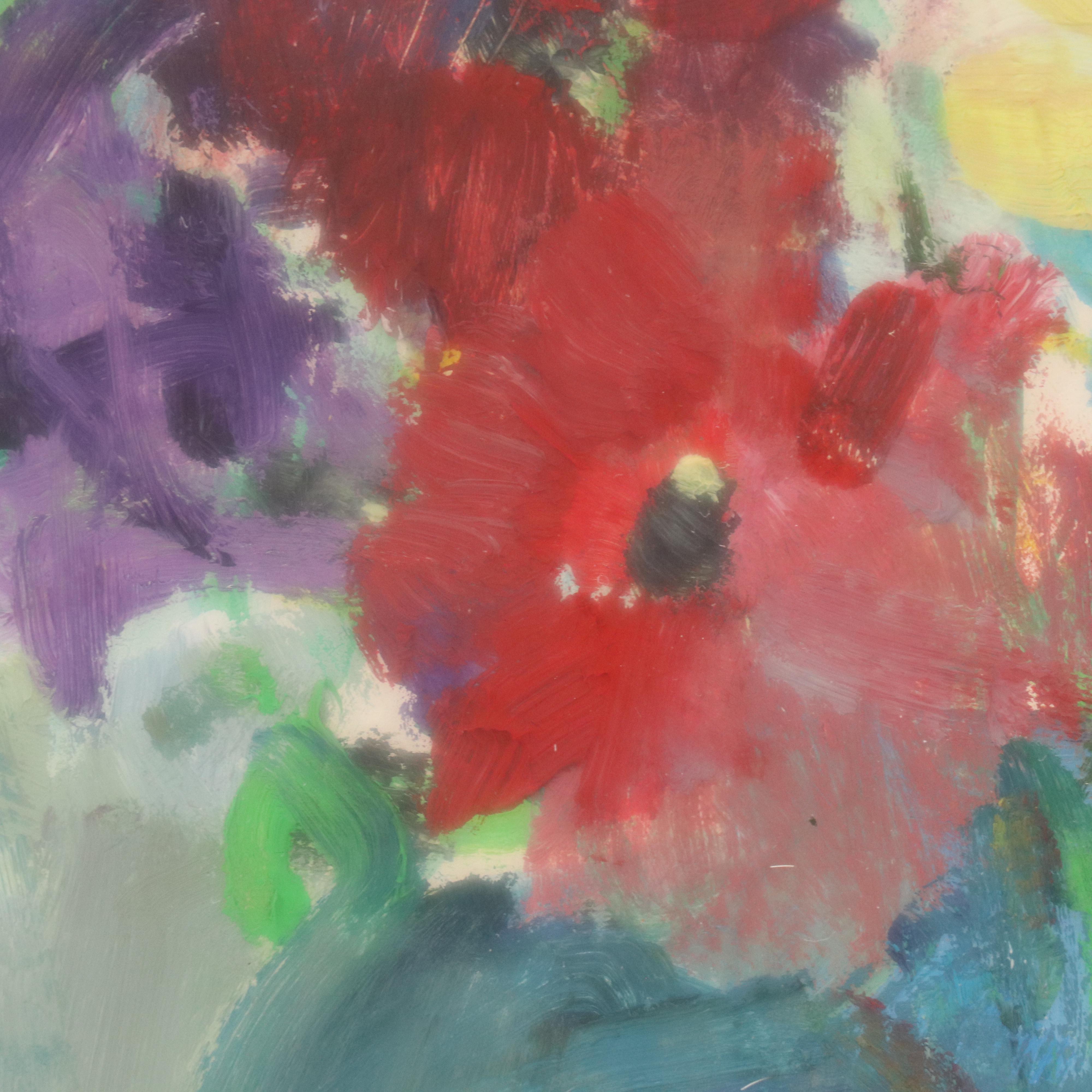 Still Life Oil Painting with Potted Flowers, Late 20th Century