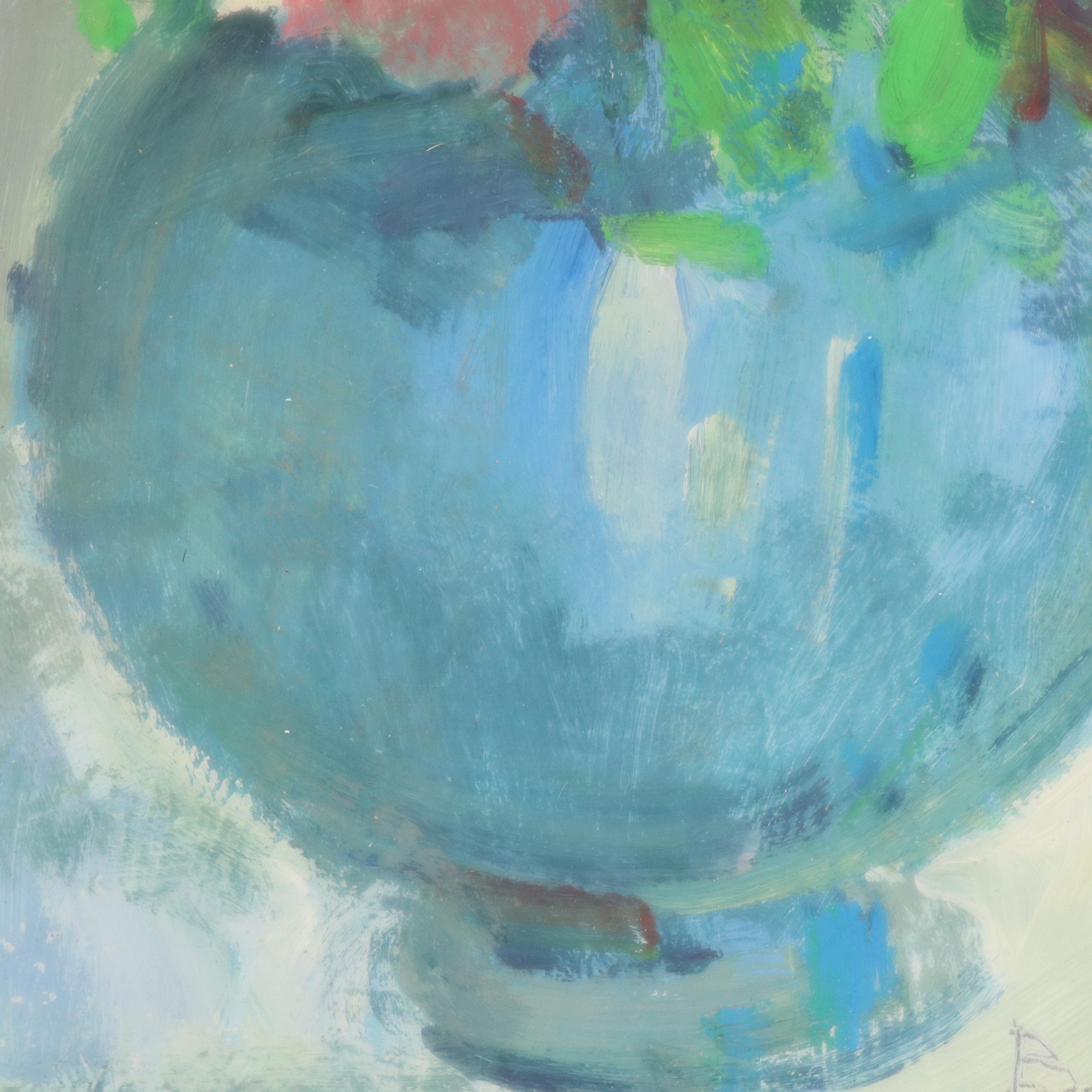 Still Life Oil Painting with Potted Flowers, Late 20th Century