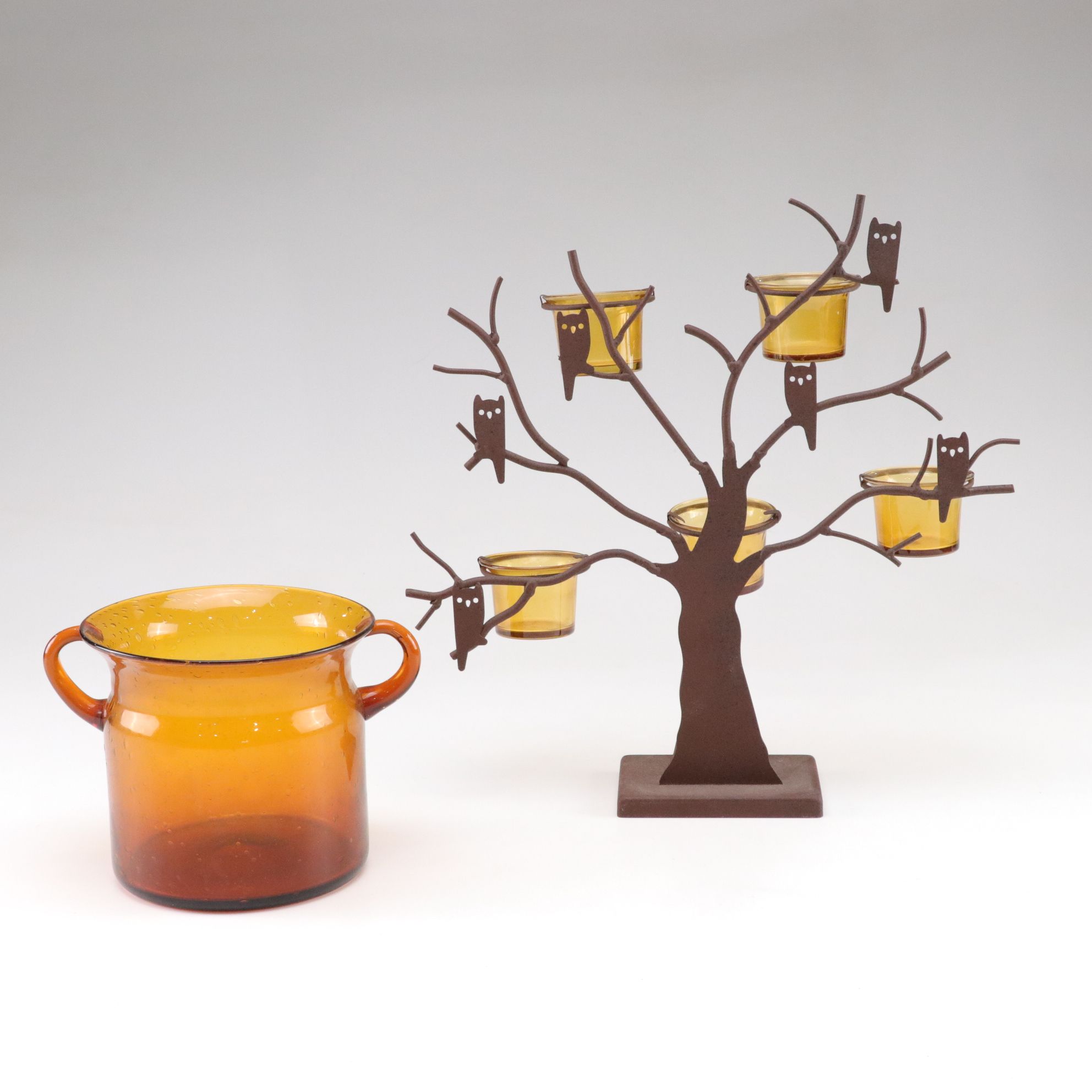 Metal and Glass Tree-Form Votive Holder and Blown Glass Vase