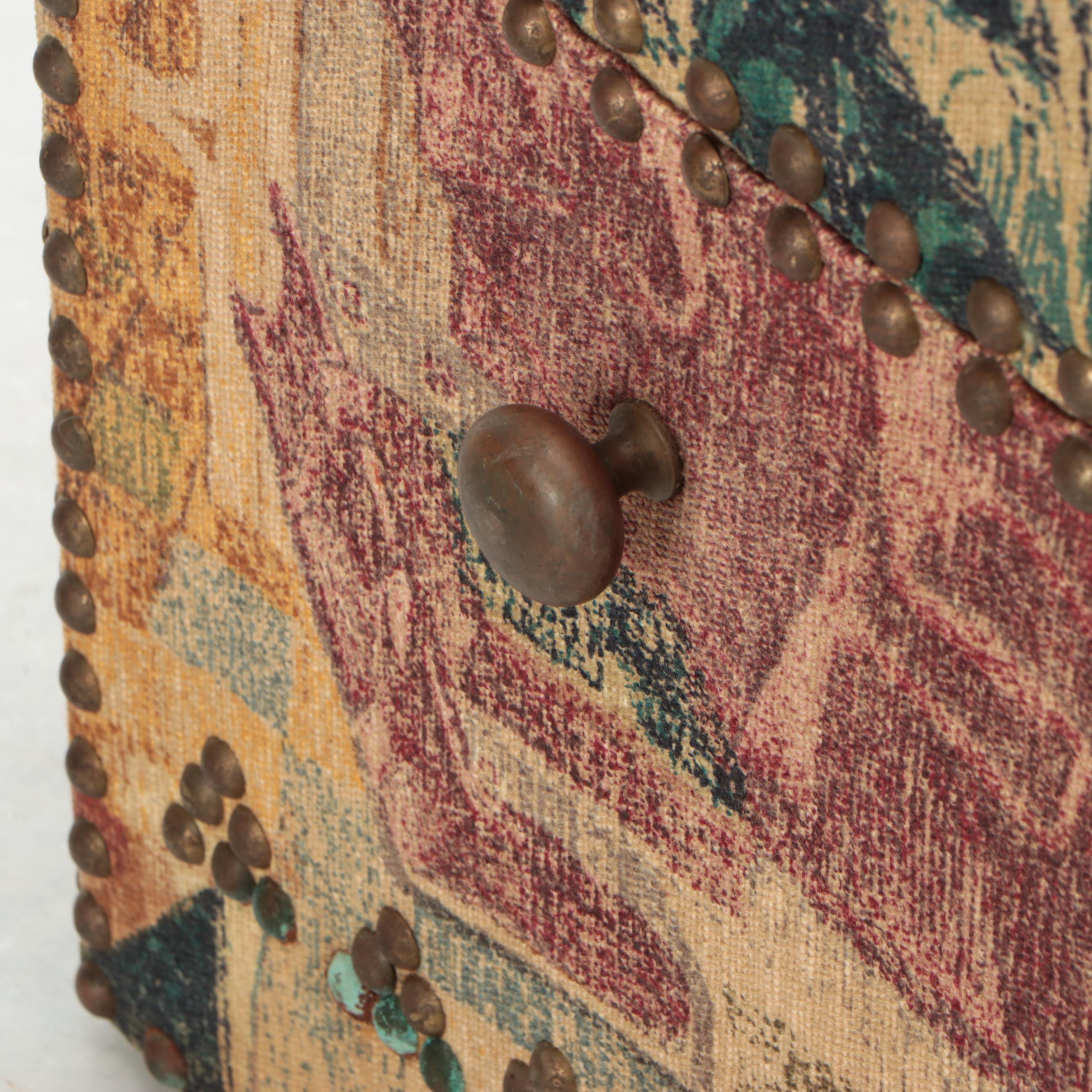 Brass-Tacked Tapestry Upholstered and Mirror Base Bombe Chest