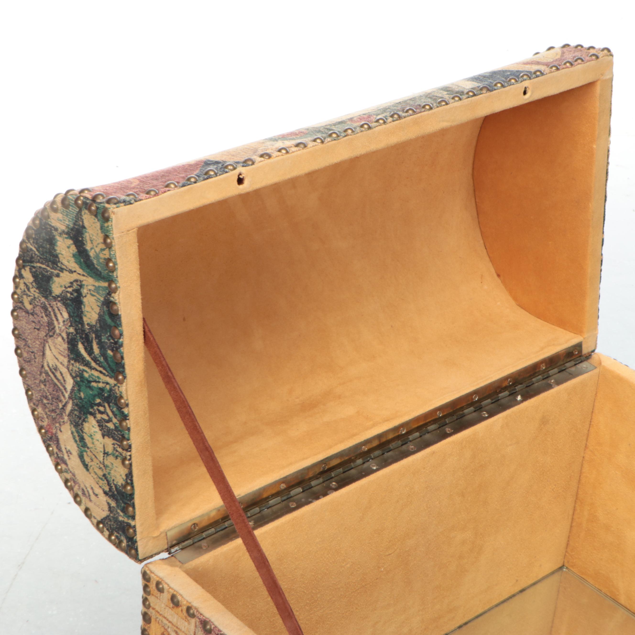 Brass-Tacked Tapestry Upholstered and Mirror Base Bombe Chest