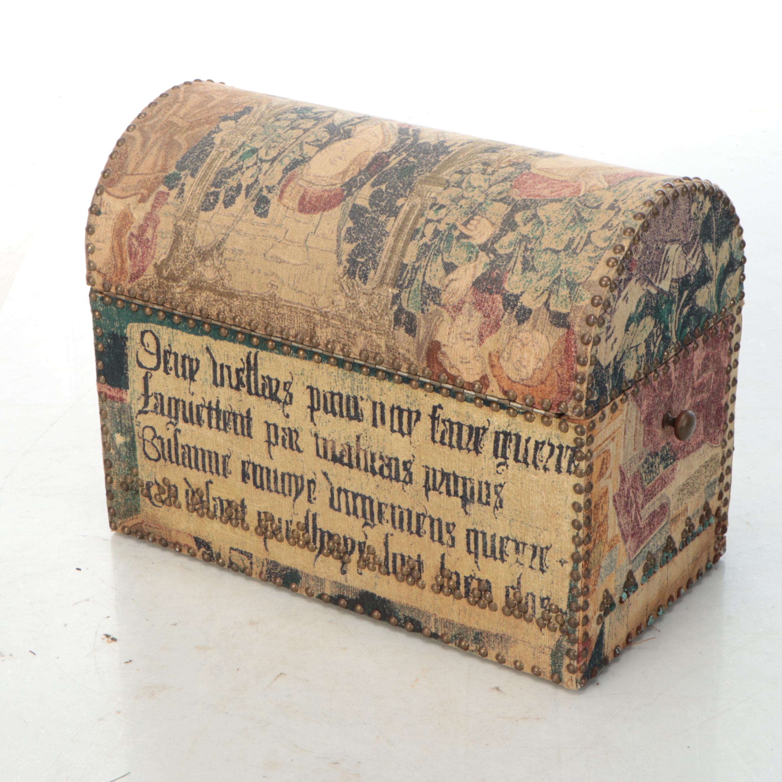 Brass-Tacked Tapestry Upholstered and Mirror Base Bombe Chest