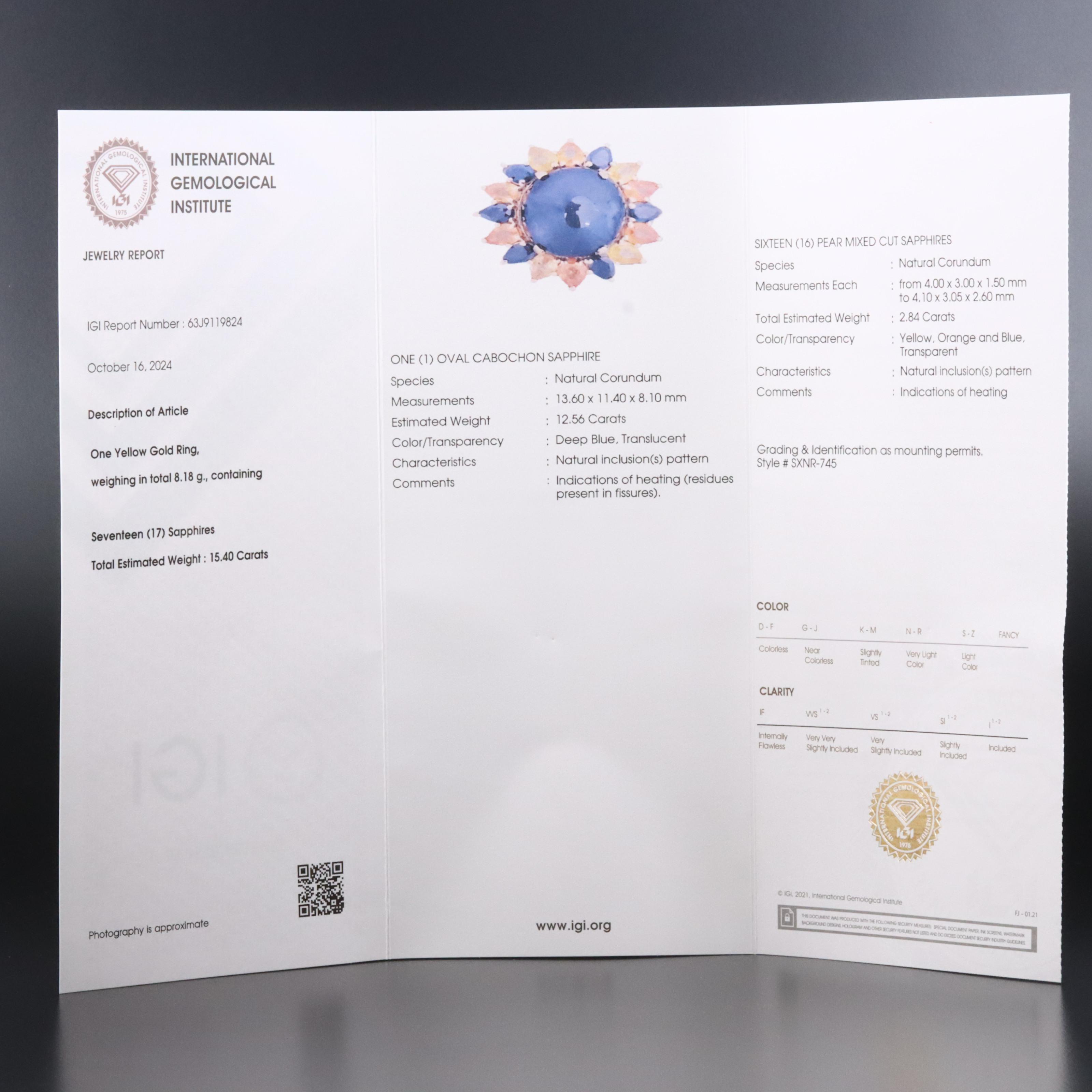 14K 12.56 CT Sapphire and Multi Colored Sapphire Ring with IGI Jewelry Report