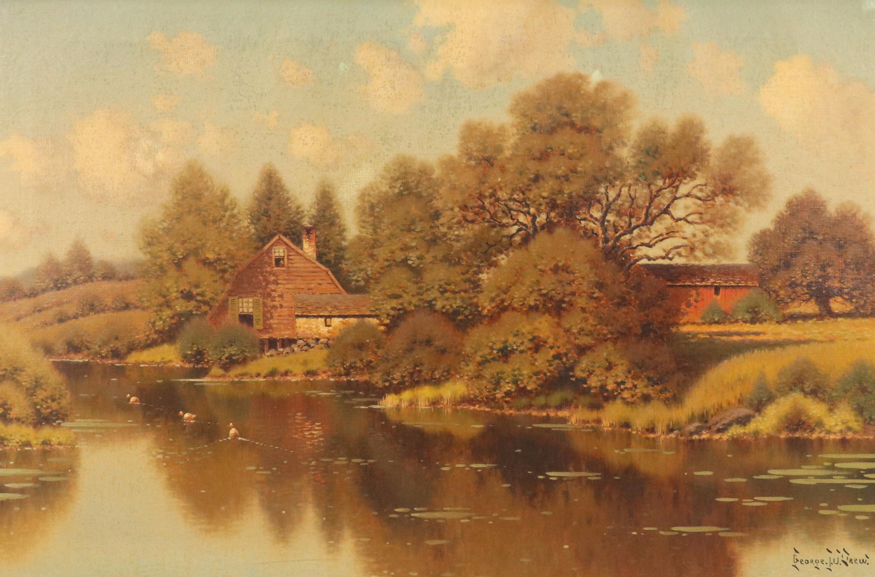 George W. Drew Landscape Oil Painting with River Scene, Early 20th Century