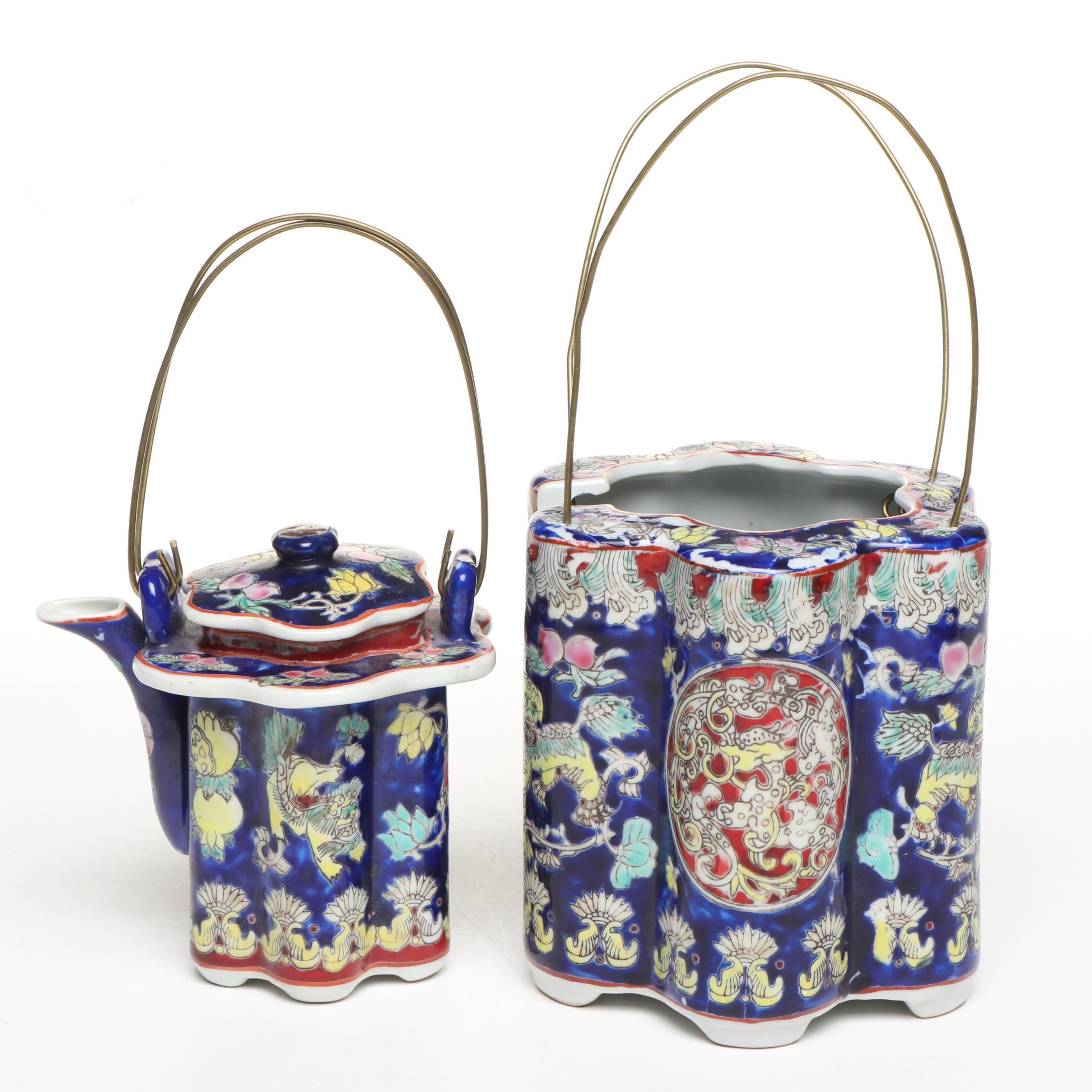 Chinese Famille Bleu Porcelain Teapot and Tea Caddy