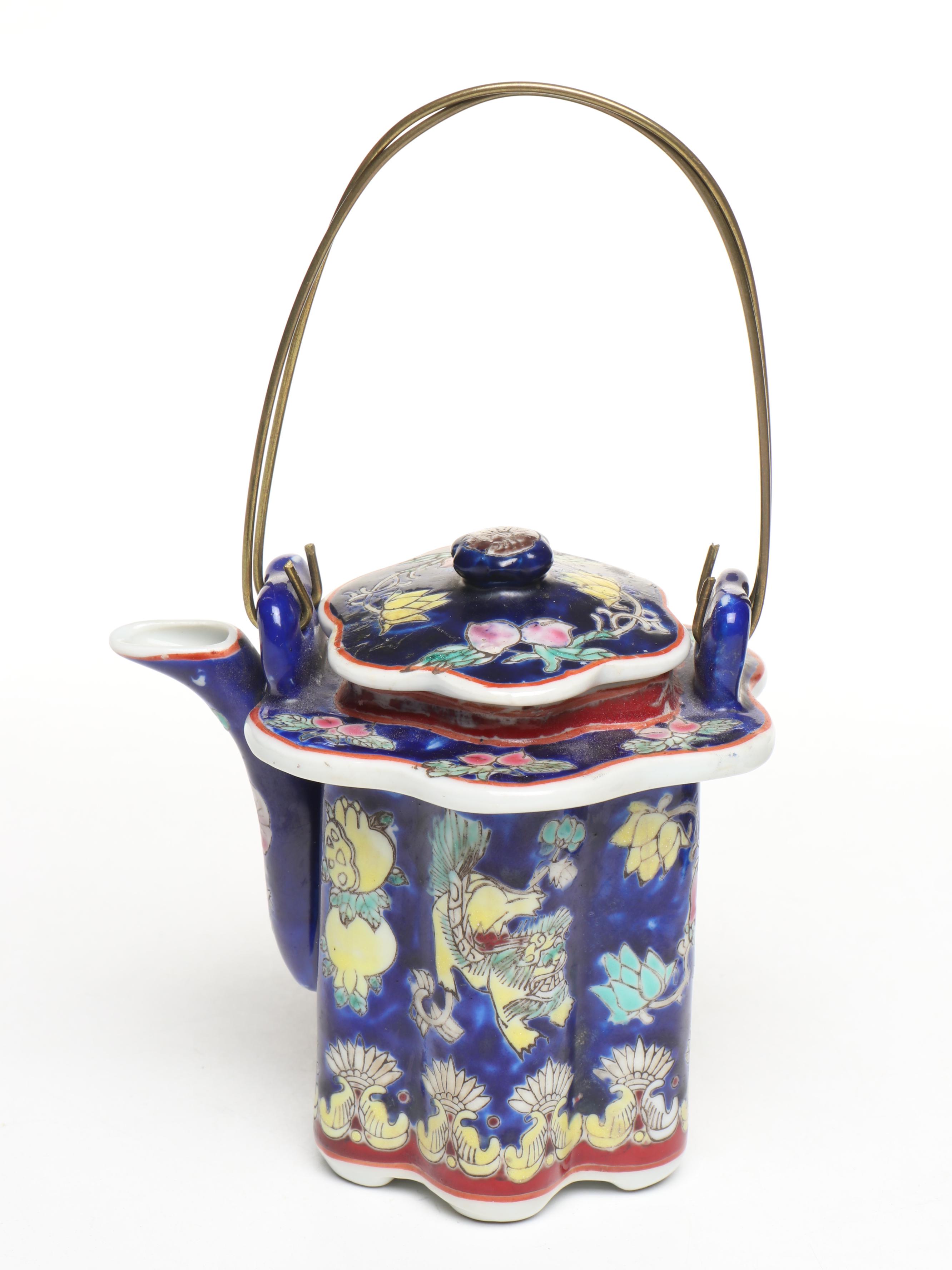 Chinese Famille Bleu Porcelain Teapot and Tea Caddy