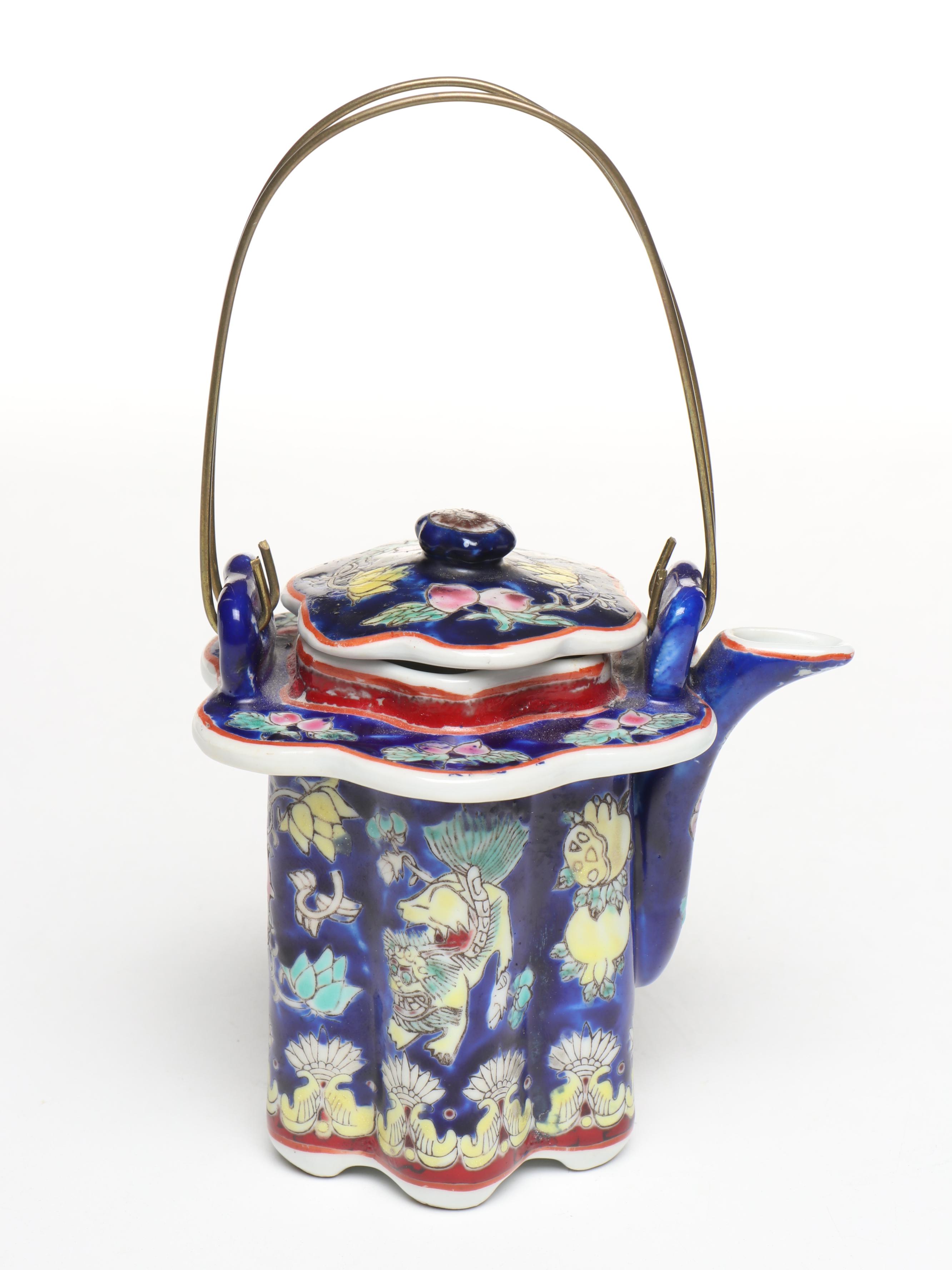 Chinese Famille Bleu Porcelain Teapot and Tea Caddy