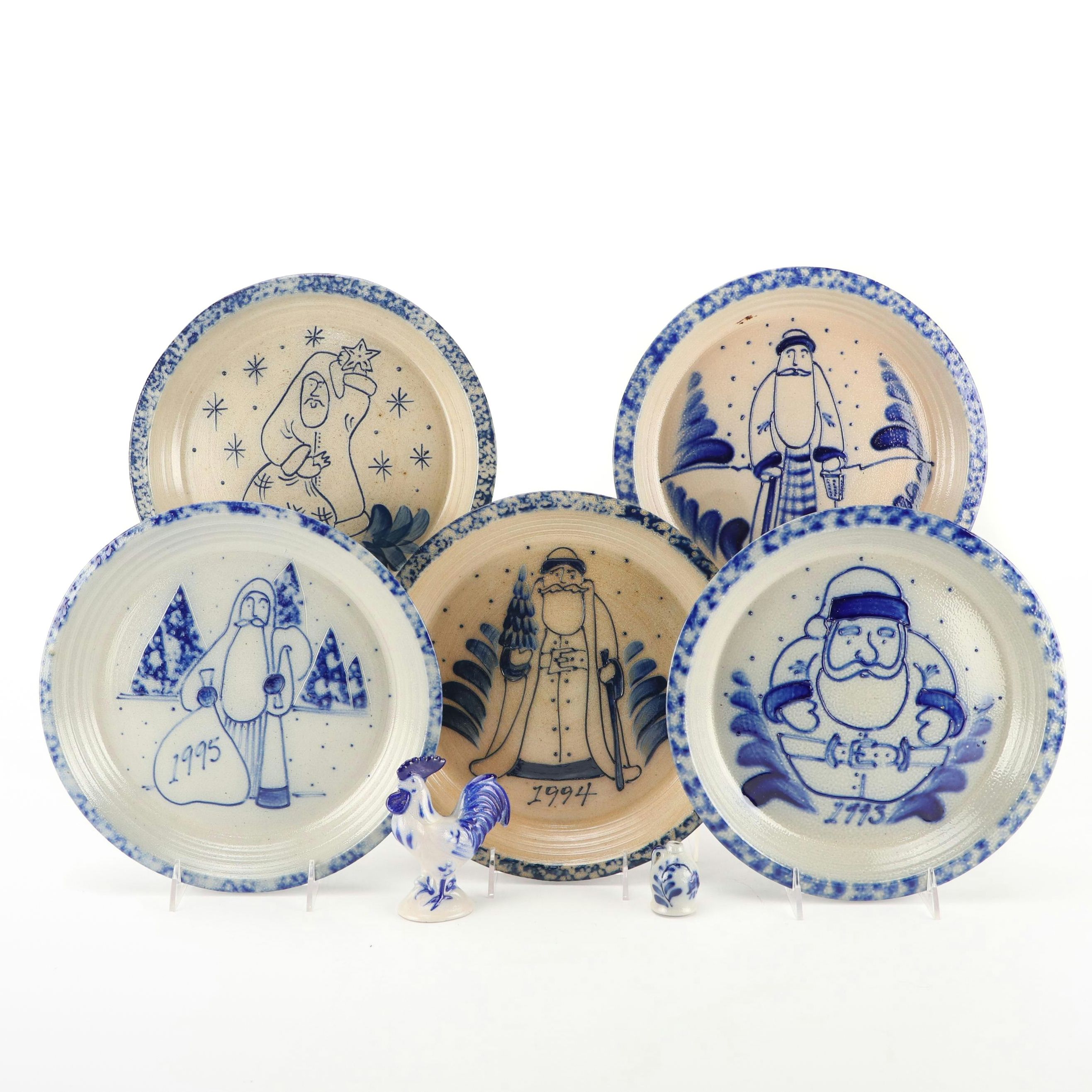 Eldreth Pottery Cobalt Salt-Glazed Stoneware Christmas Plates and Figurines