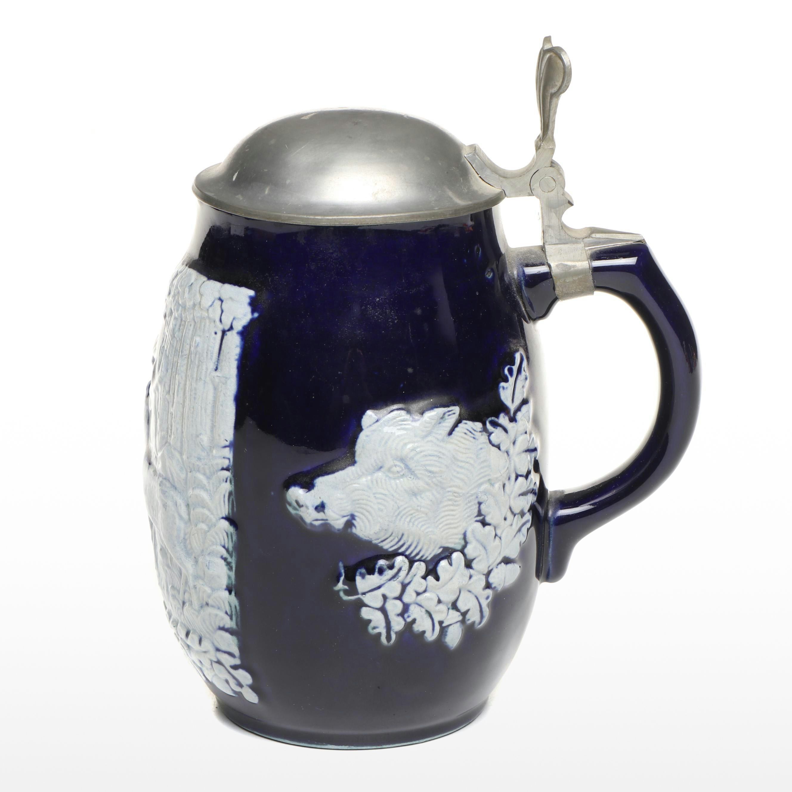 Wick Werke AG Cobalt Blue Stoneware Stein with Pewter Lid, Early 20th Century