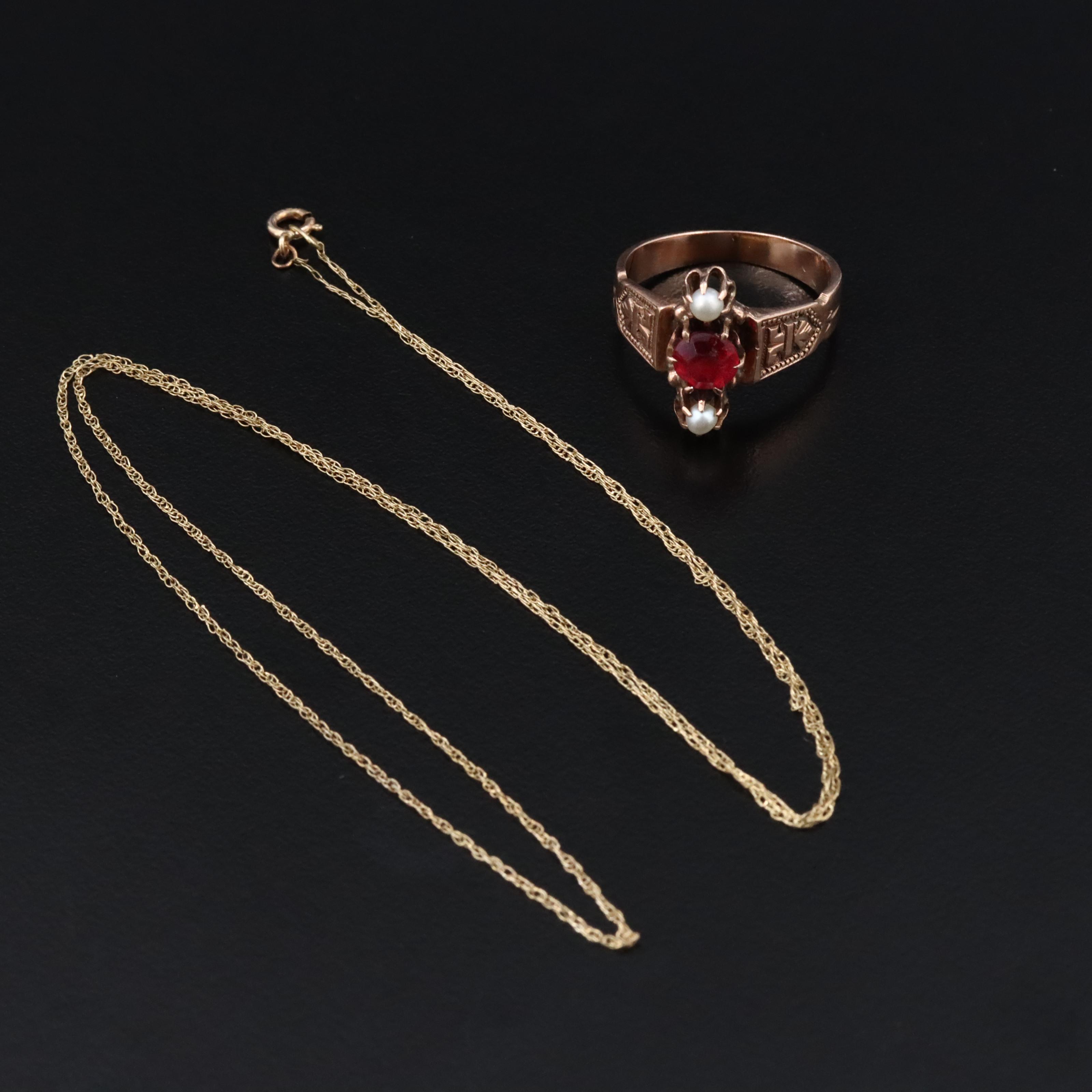 Victorian 10K Rose Gold Glass and Seed Pearl Ring with Singapore Chain