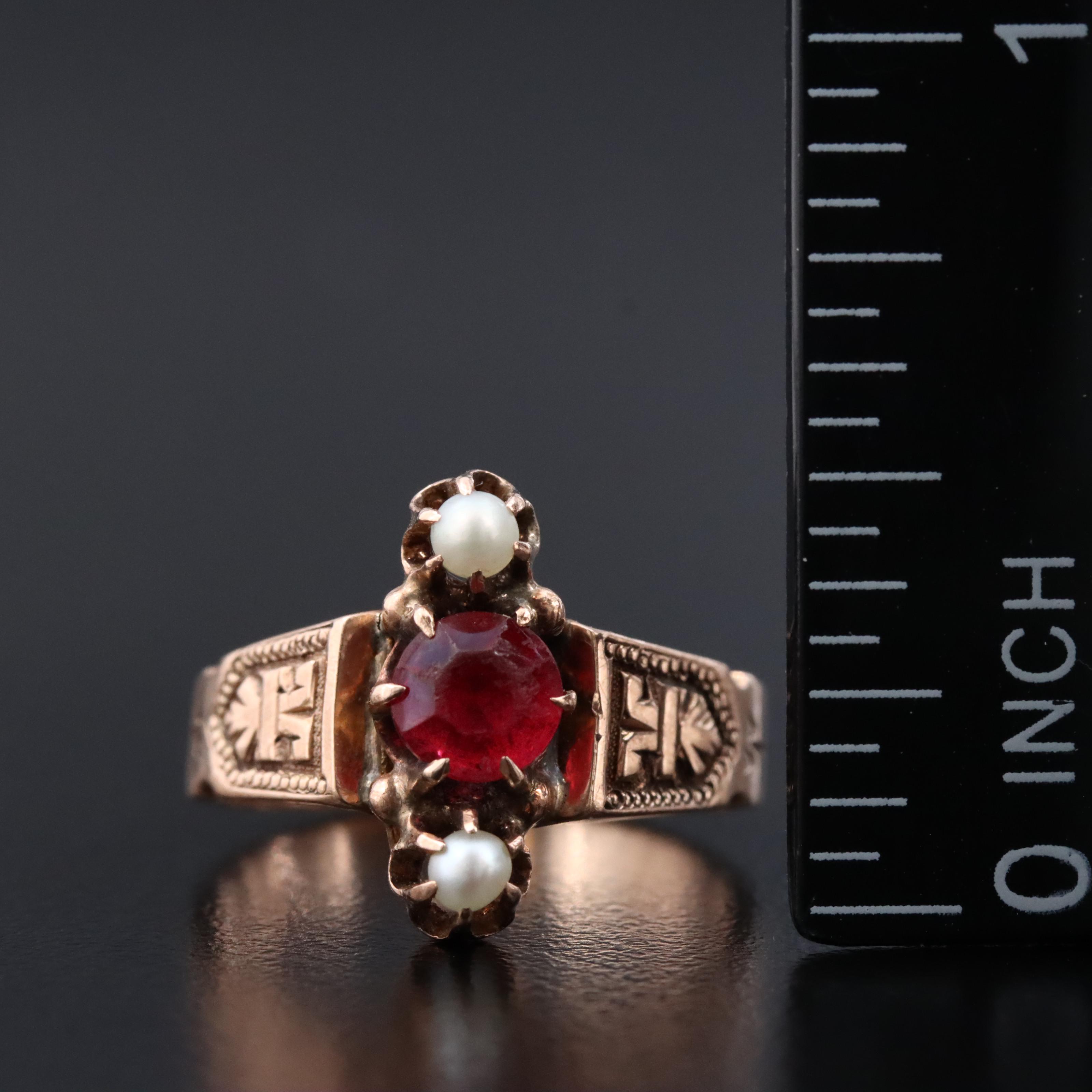 Victorian 10K Rose Gold Glass and Seed Pearl Ring with Singapore Chain