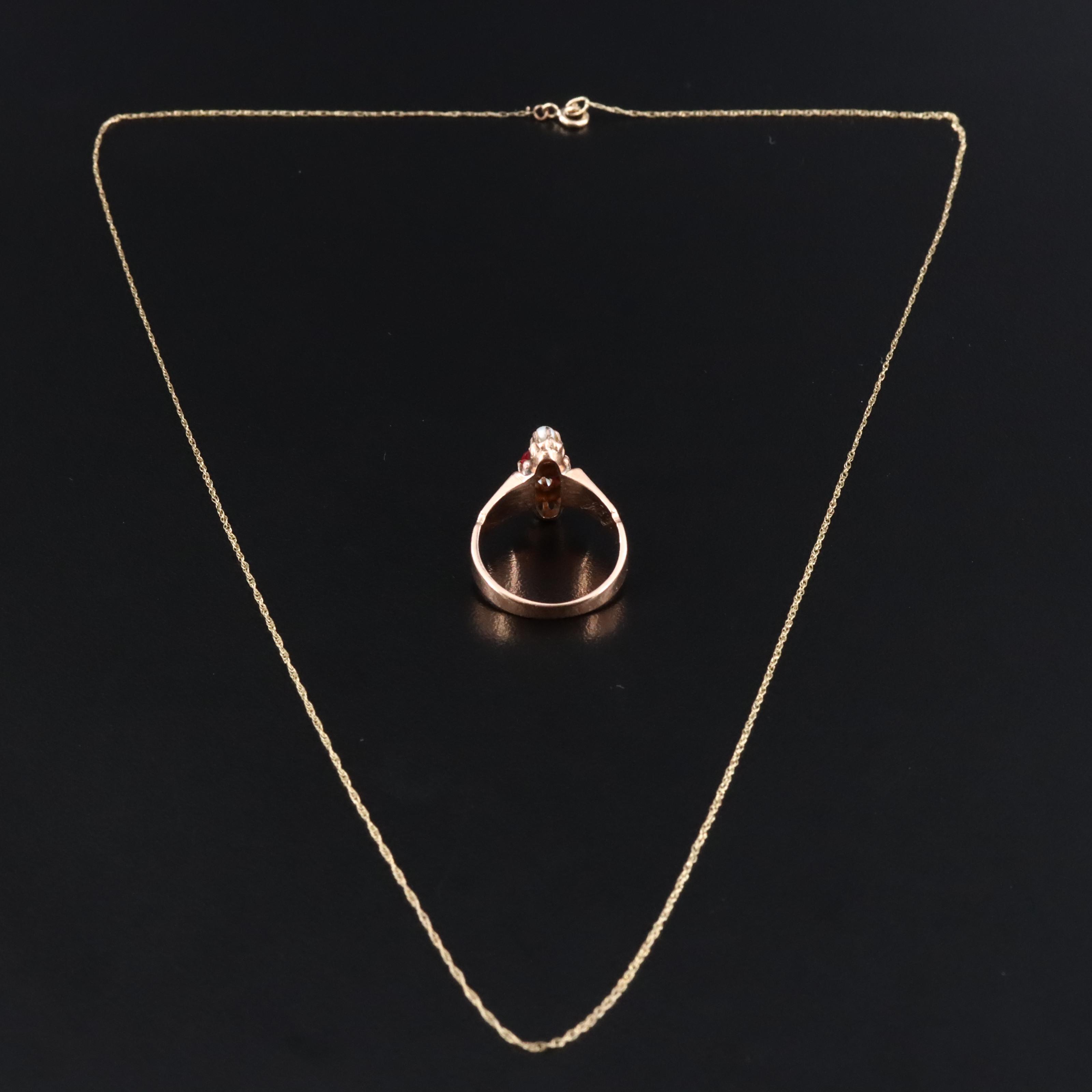 Victorian 10K Rose Gold Glass and Seed Pearl Ring with Singapore Chain