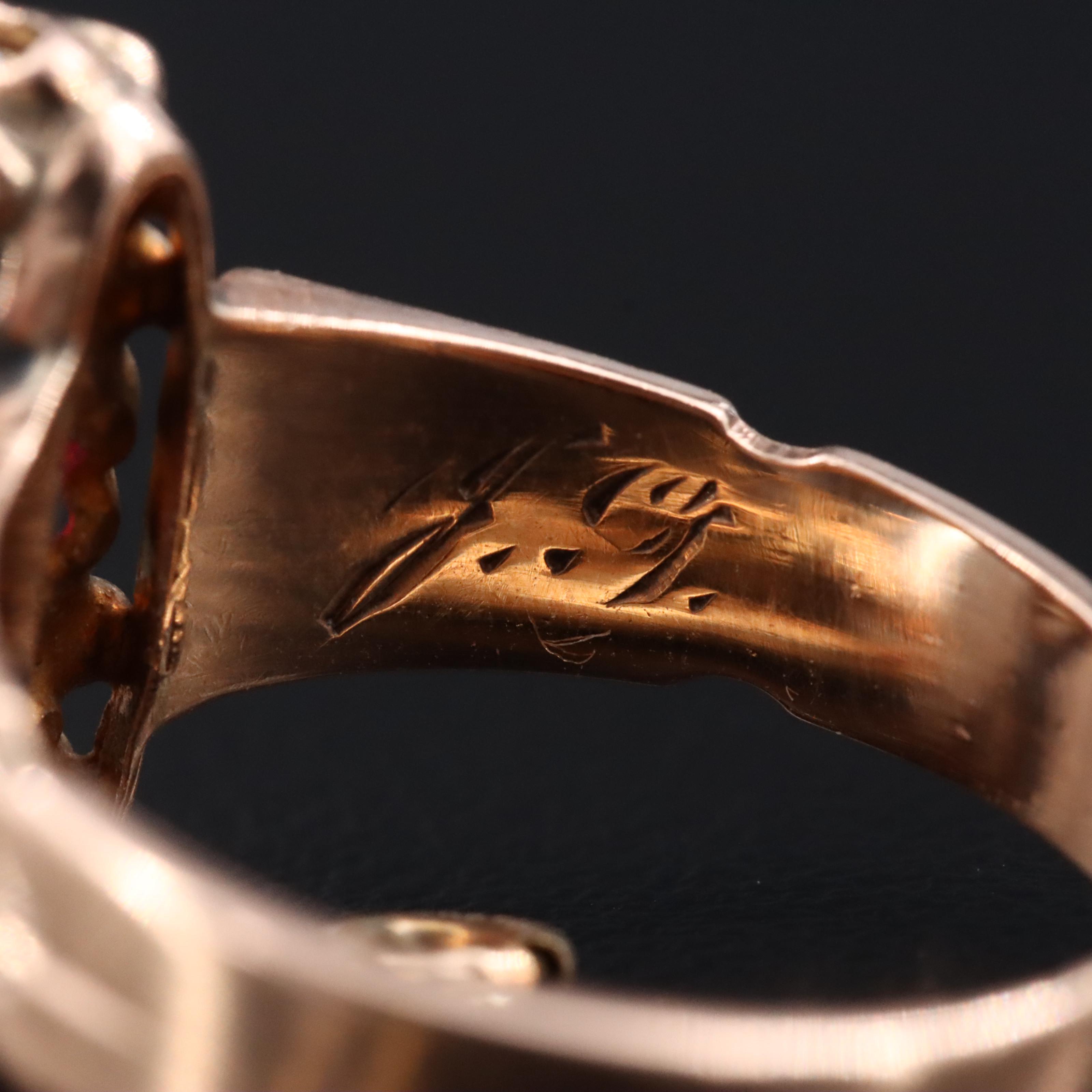 Victorian 10K Rose Gold Glass and Seed Pearl Ring with Singapore Chain