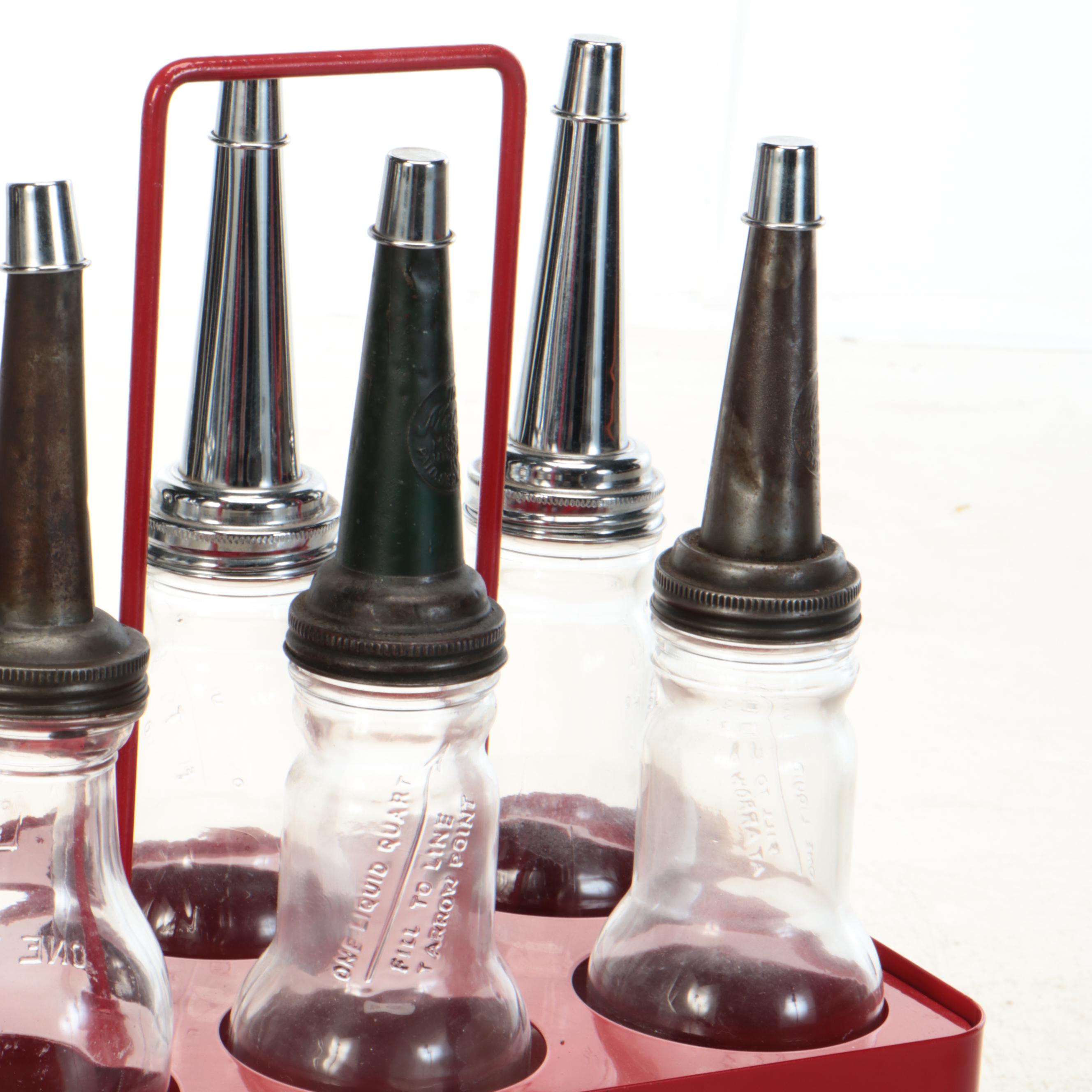 Texaco Metal Carrier with Glass Oil Bottles