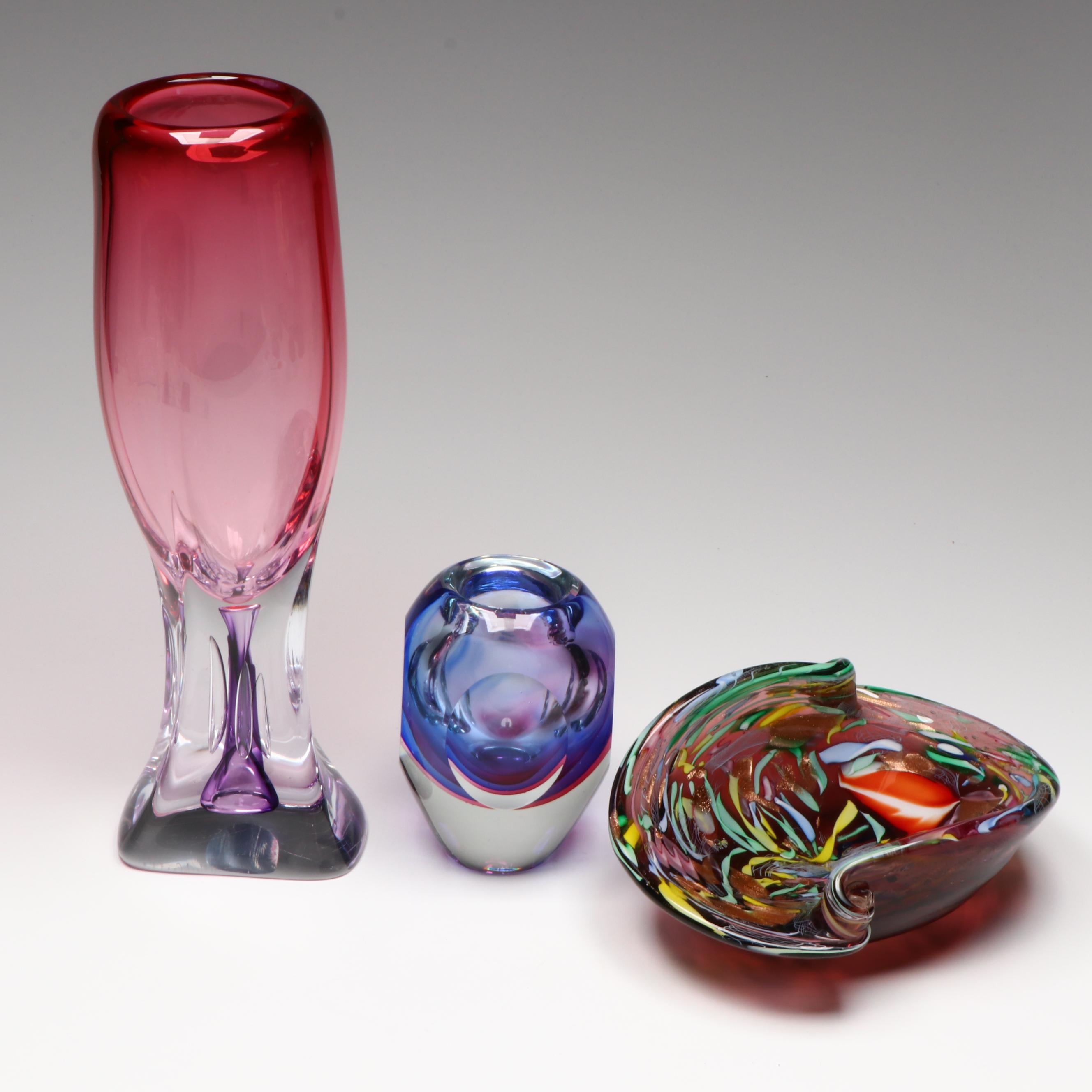 Jablonski Polish Crystal Vase, Art Glass Bud Vase, and Art Glass Bowl