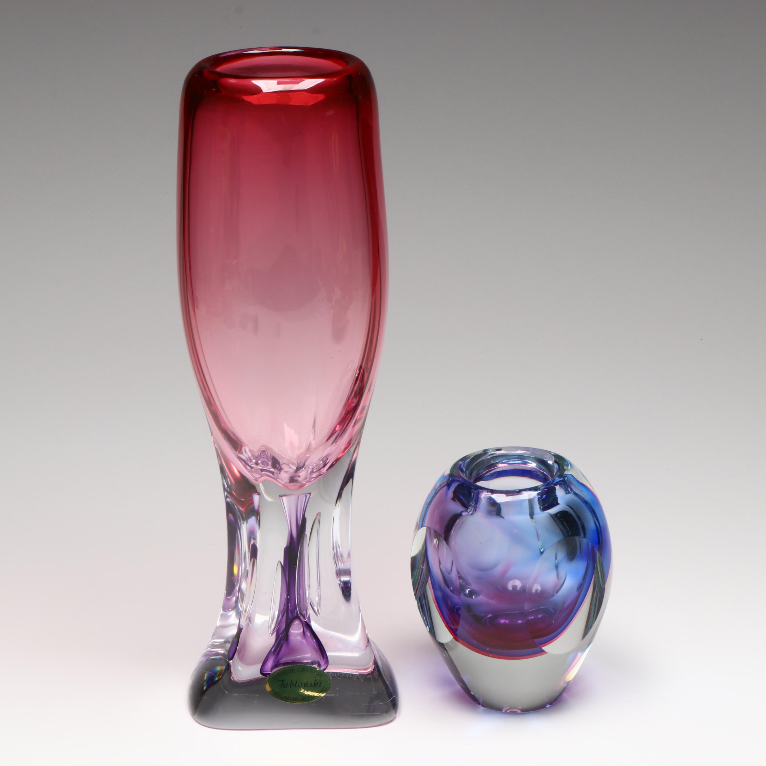 Jablonski Polish Crystal Vase, Art Glass Bud Vase, and Art Glass Bowl