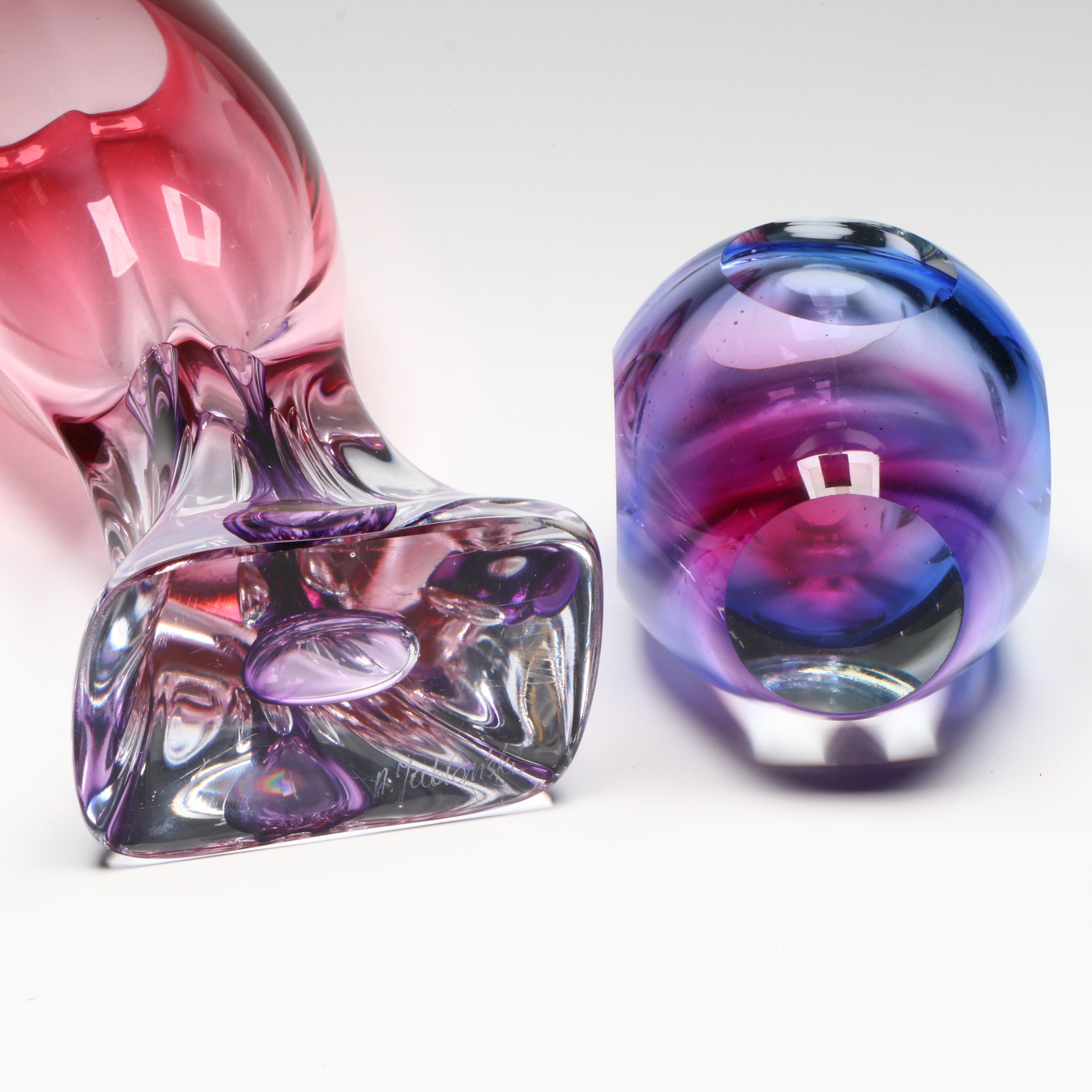 Jablonski Polish Crystal Vase, Art Glass Bud Vase, and Art Glass Bowl