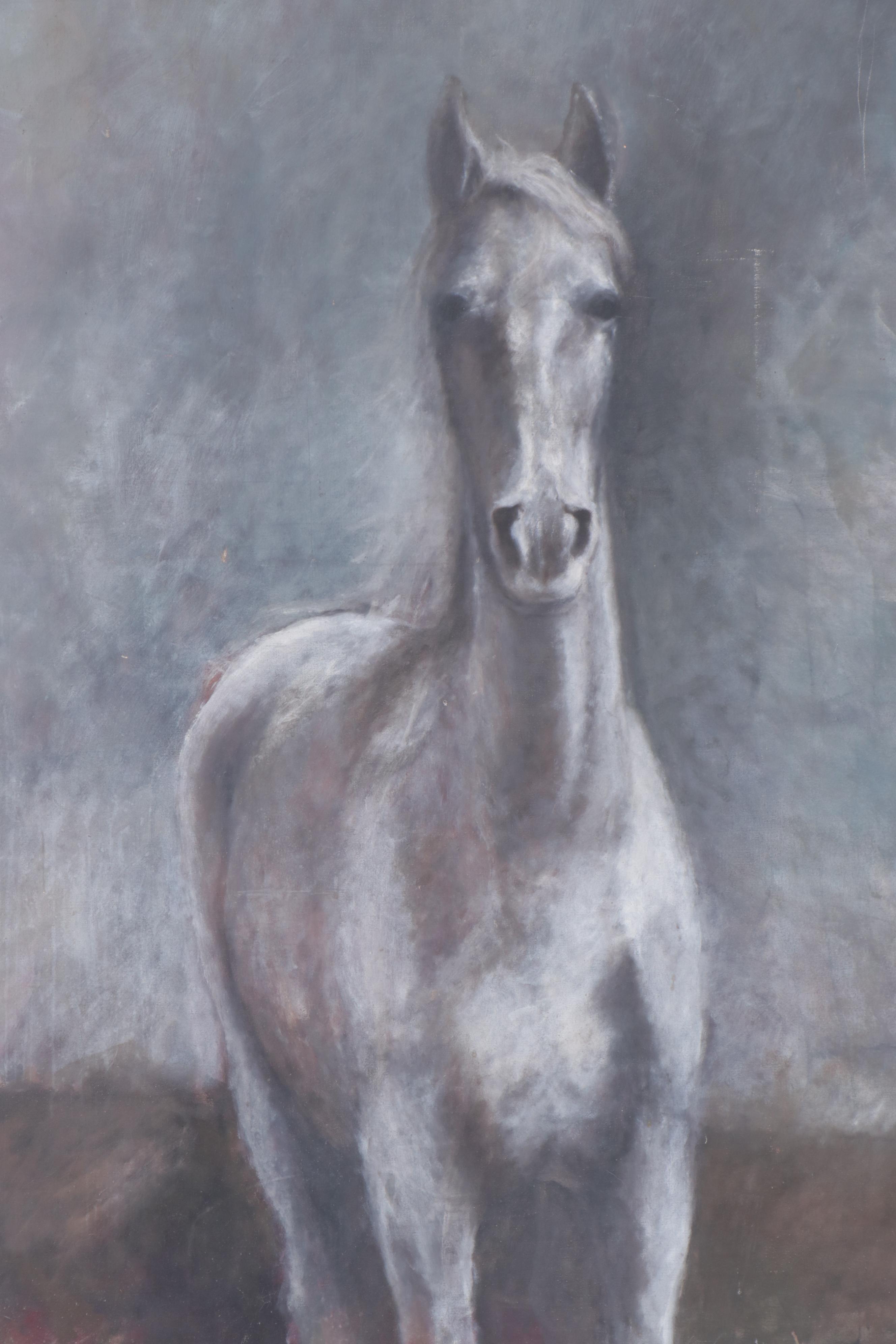 Large-Scale Oil Painting of White Horse, Late 20th Century