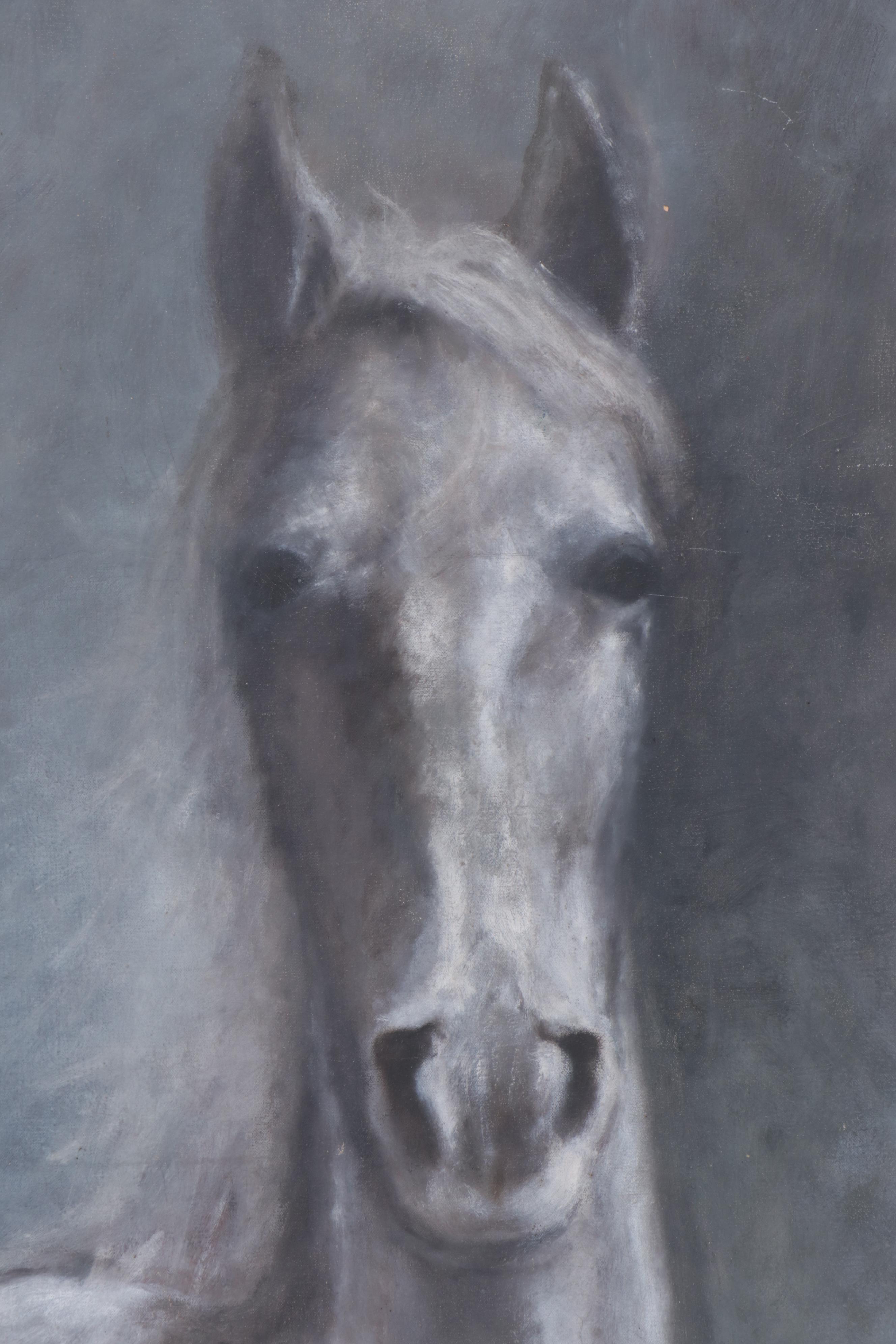 Large-Scale Oil Painting of White Horse, Late 20th Century