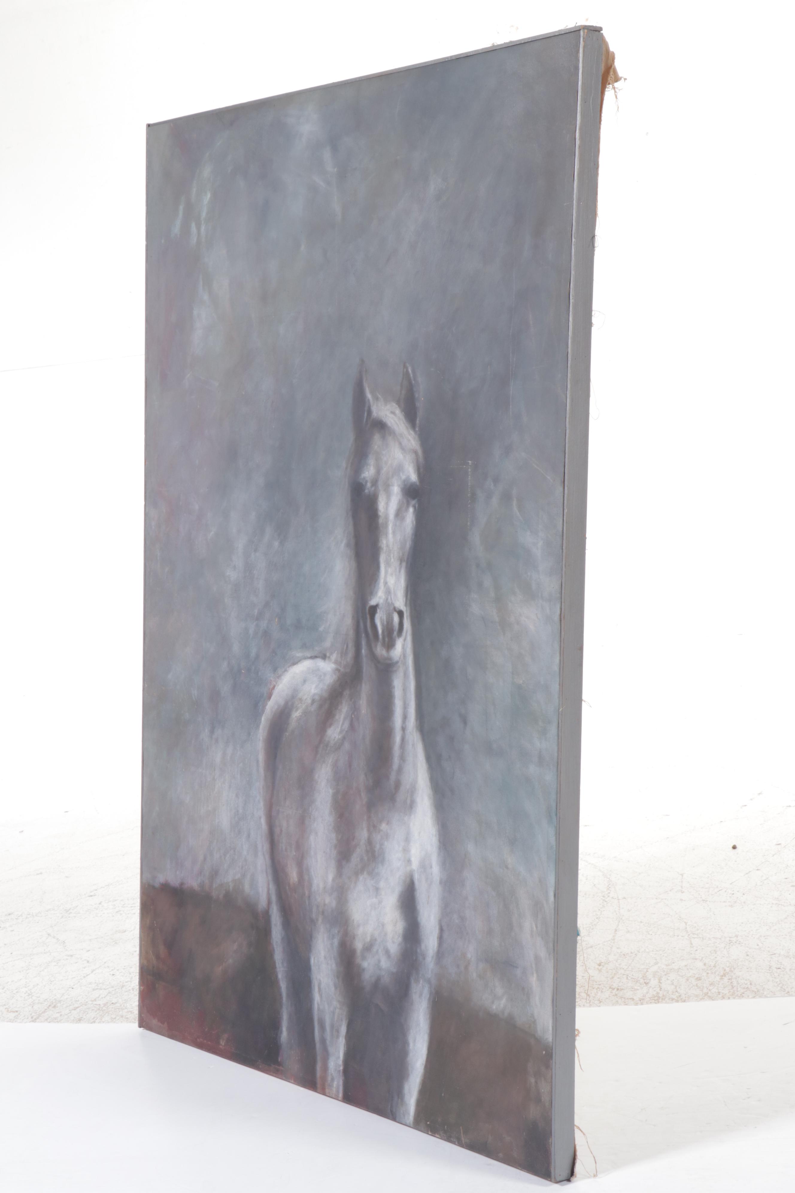 Large-Scale Oil Painting of White Horse, Late 20th Century