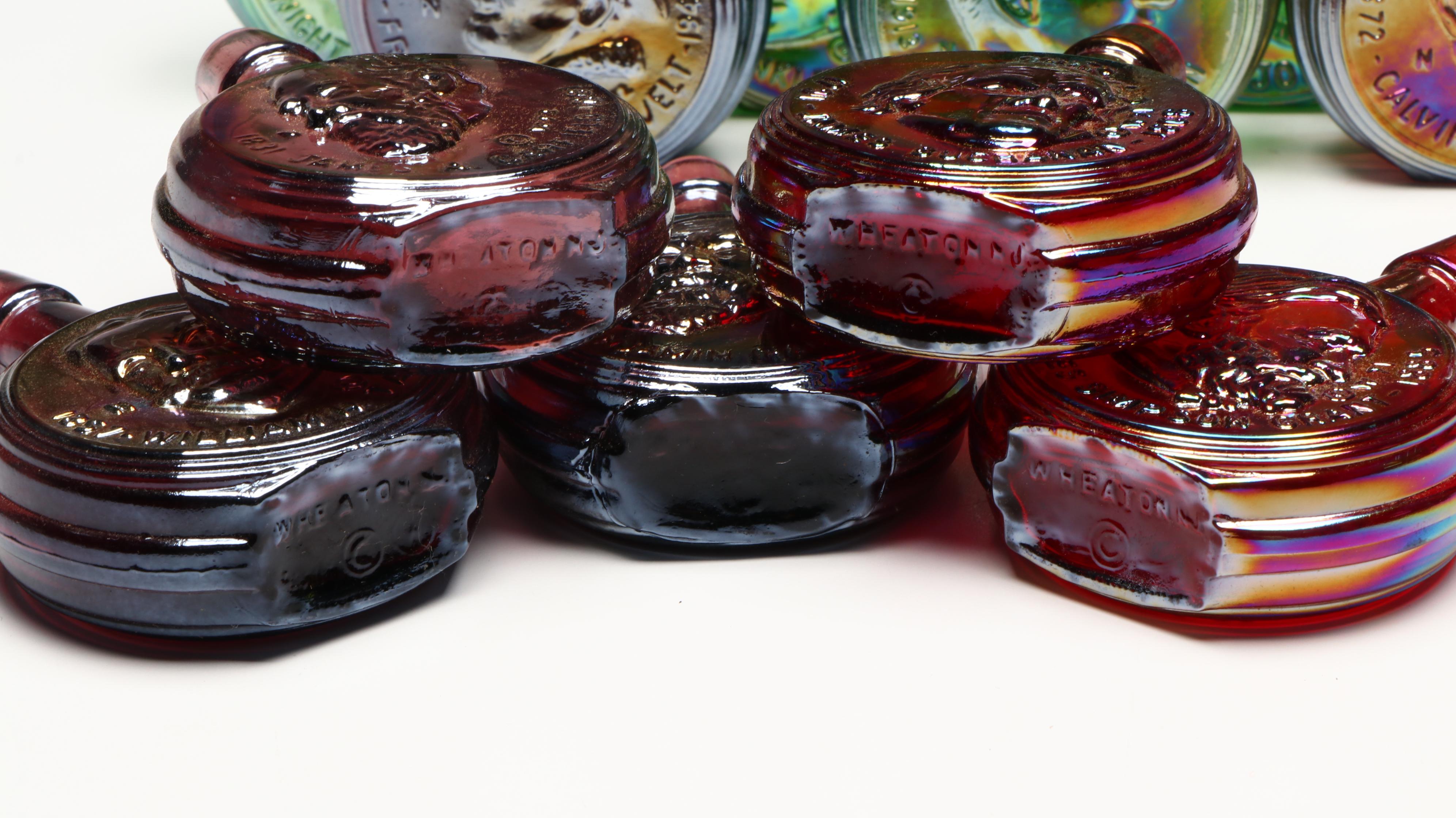 Wheaton Nuline Presidental Carnival Glass Decanters with Bicentennial Cookie Jar