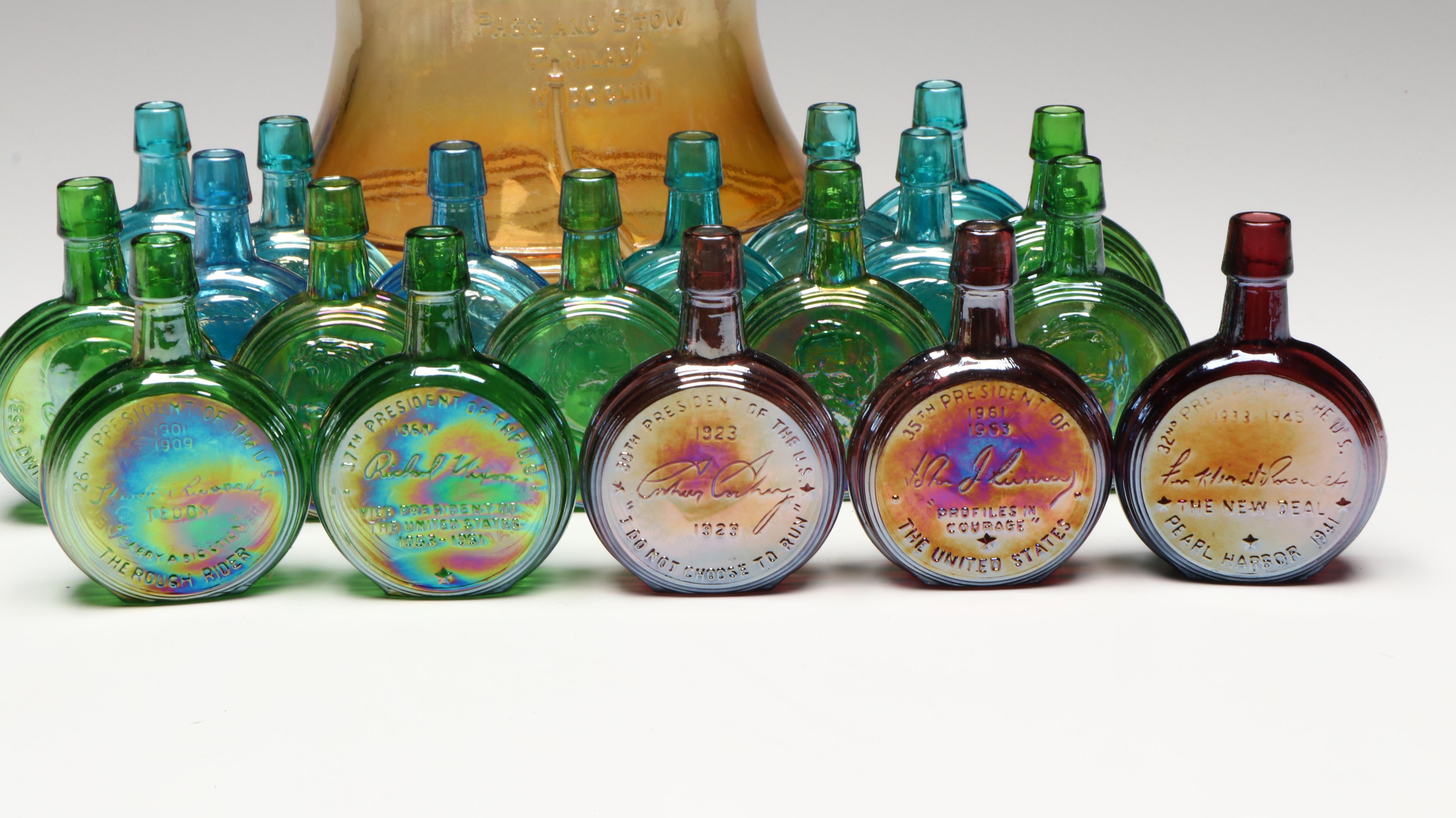 Wheaton Nuline Presidental Carnival Glass Decanters with Bicentennial Cookie Jar