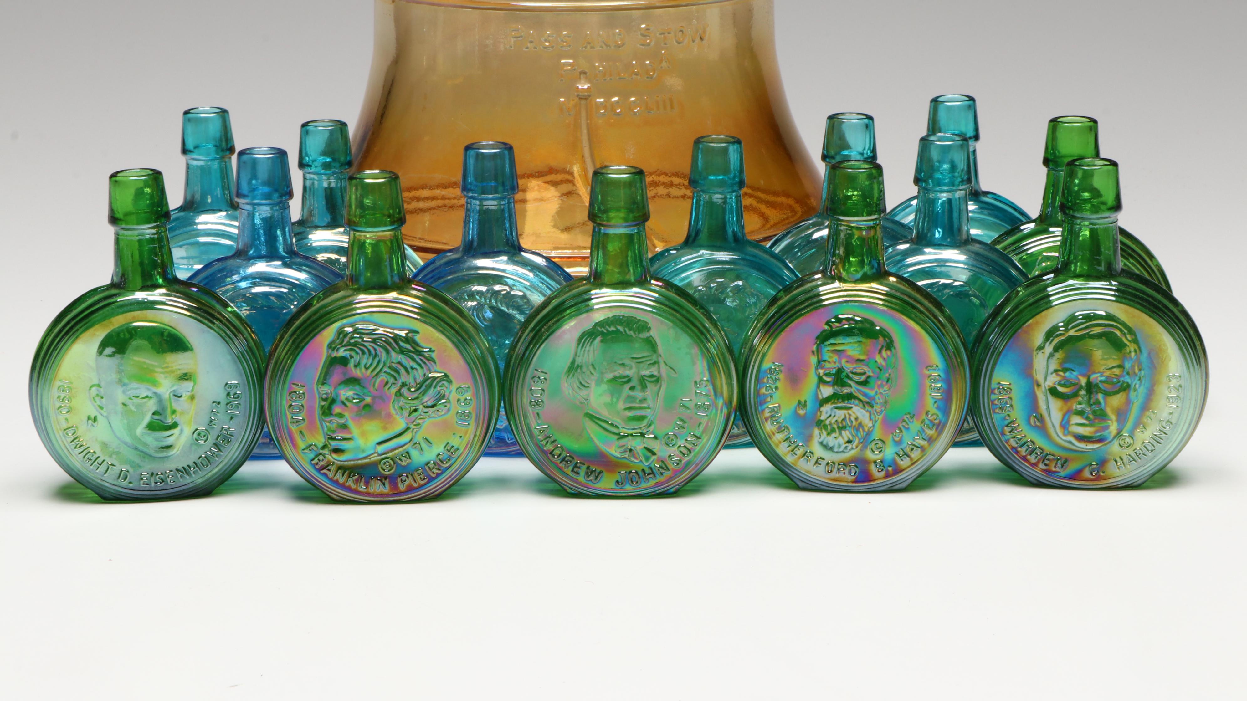 Wheaton Nuline Presidental Carnival Glass Decanters with Bicentennial Cookie Jar